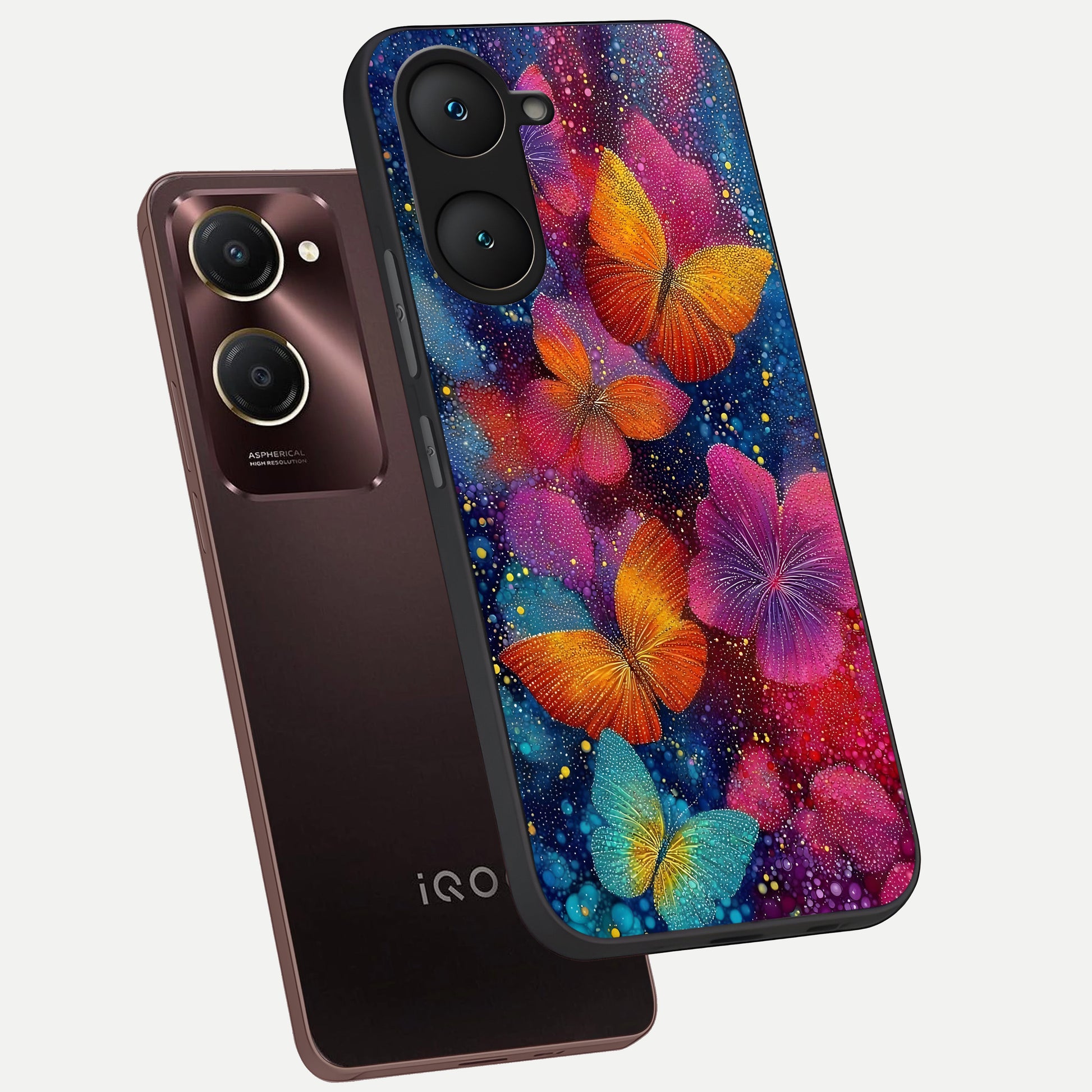 Butterfly Dream Mist phone case for iQOO Z9 lite showing premium glass back cover with detailed artwork