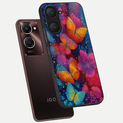  Butterfly Dream Mist phone case for iQOO Z9 lite showing premium glass back cover with detailed artwork
