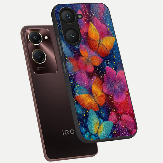  Butterfly Dream Mist phone case for iQOO Z9 lite showing premium glass back cover with detailed artwork