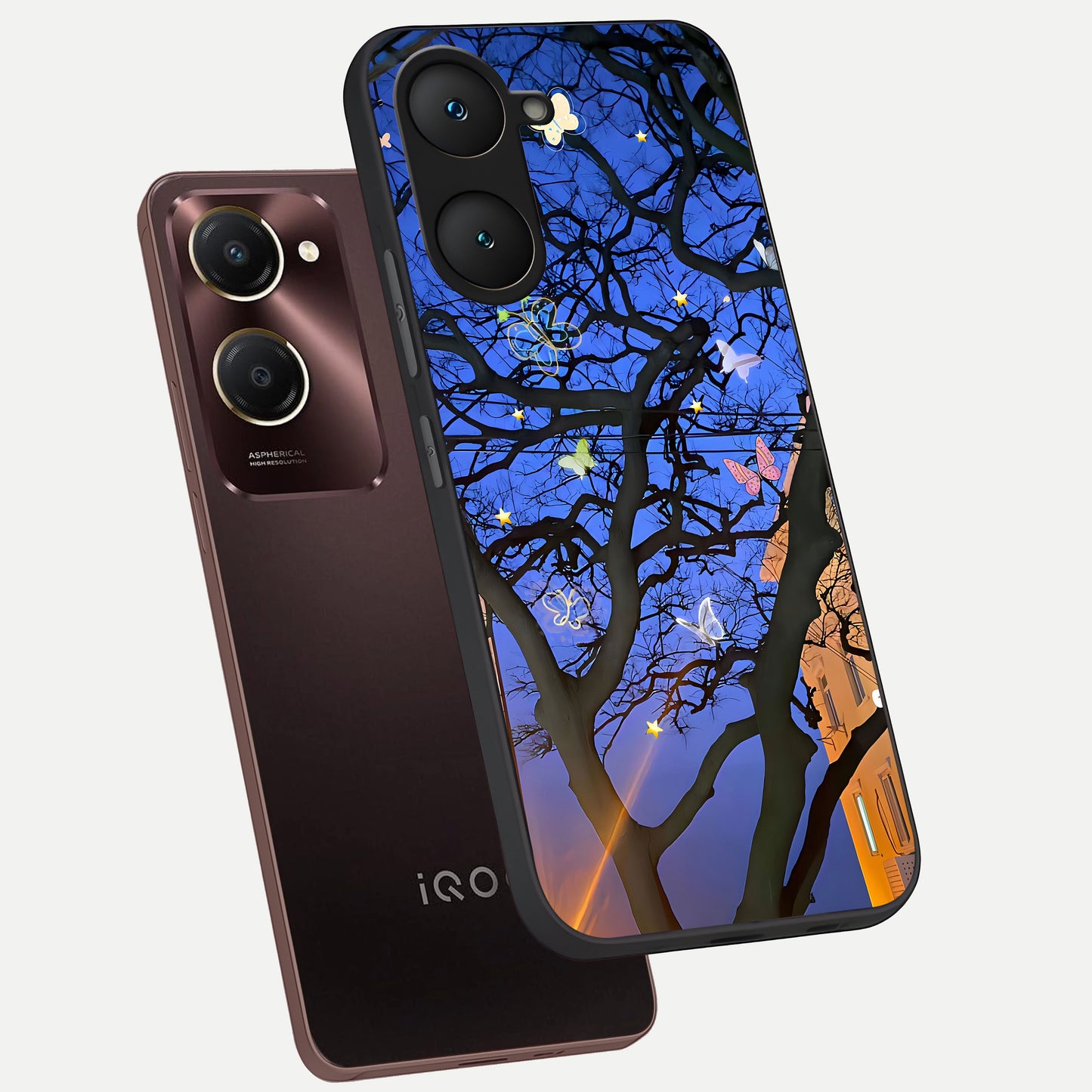  Butterfly Night Magic phone case for iQOO Z9 lite showing premium glass back cover with detailed artwork