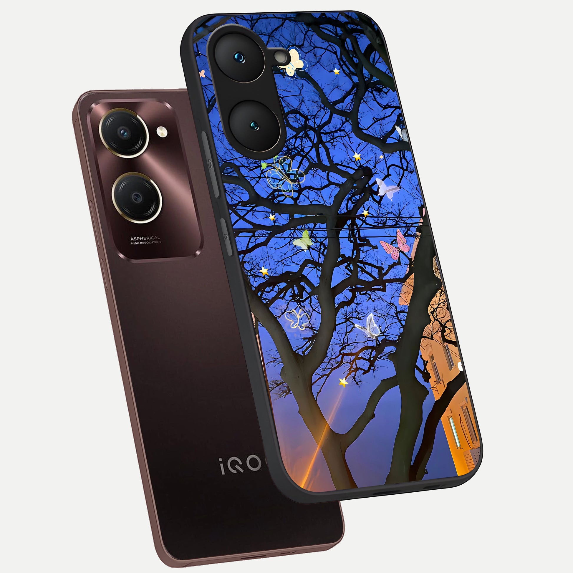  Butterfly Night Magic phone case for iQOO Z9 lite showing premium glass back cover with detailed artwork