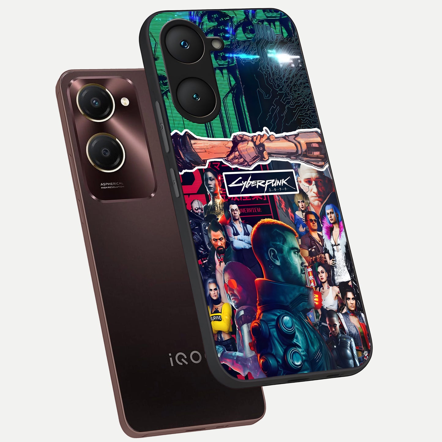  CYBERPUNK Legacy phone case for iQOO Z9 lite showing premium glass back cover with detailed artwork