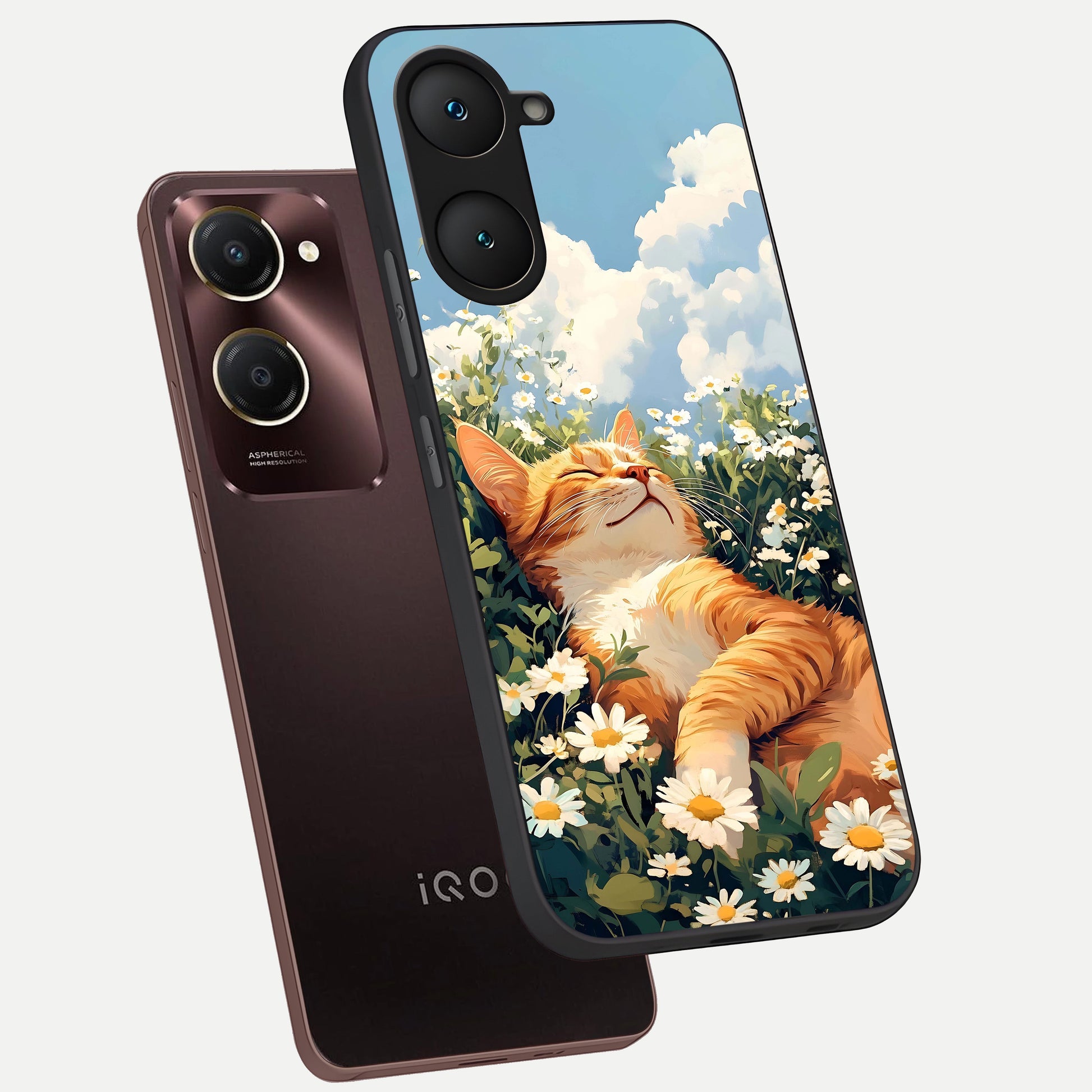  Cat And Flowers View phone case for iQOO Z9 lite showing premium glass back cover with detailed artwork
