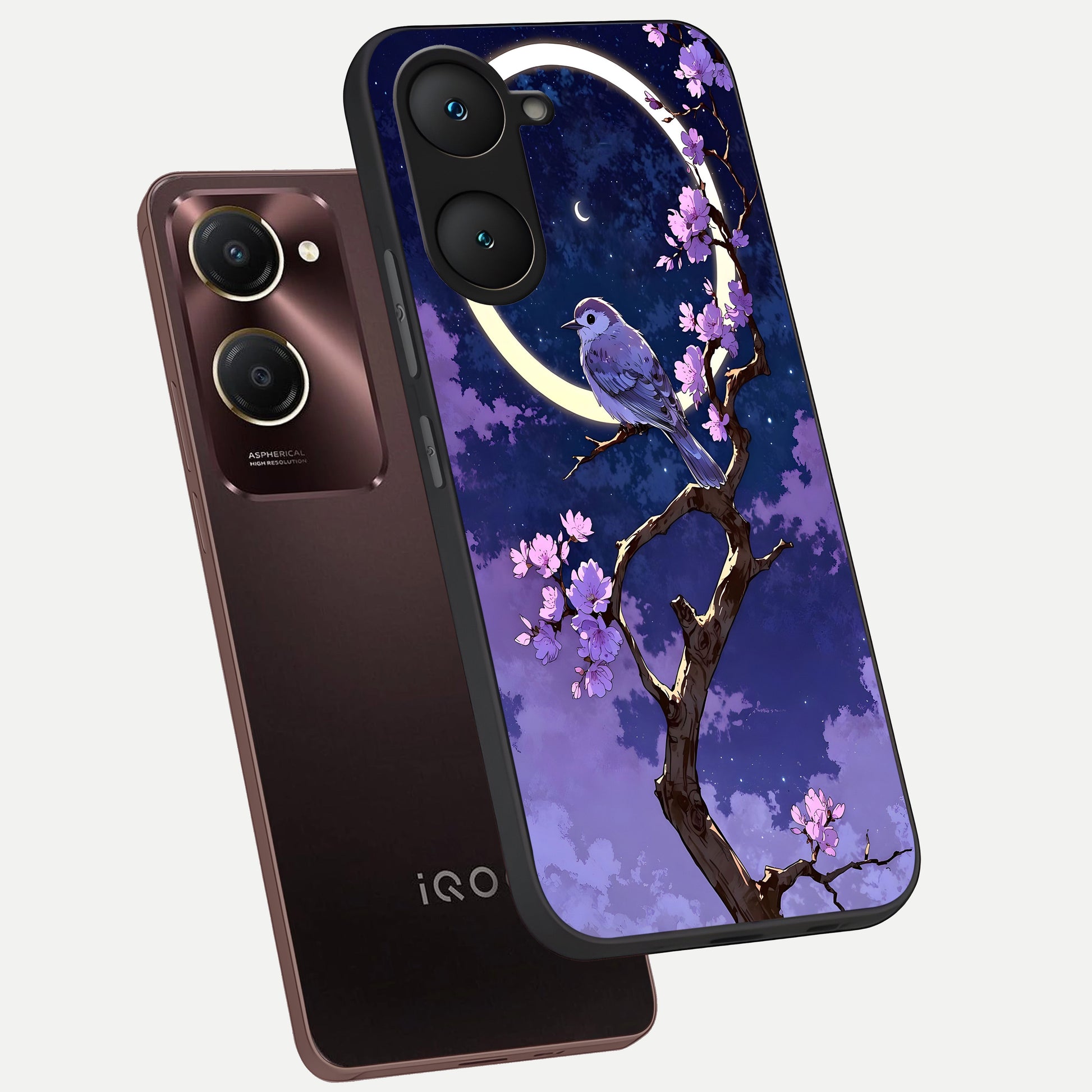  Celestial Bird Blossom phone case for iQOO Z9 lite showing premium glass back cover with detailed artwork