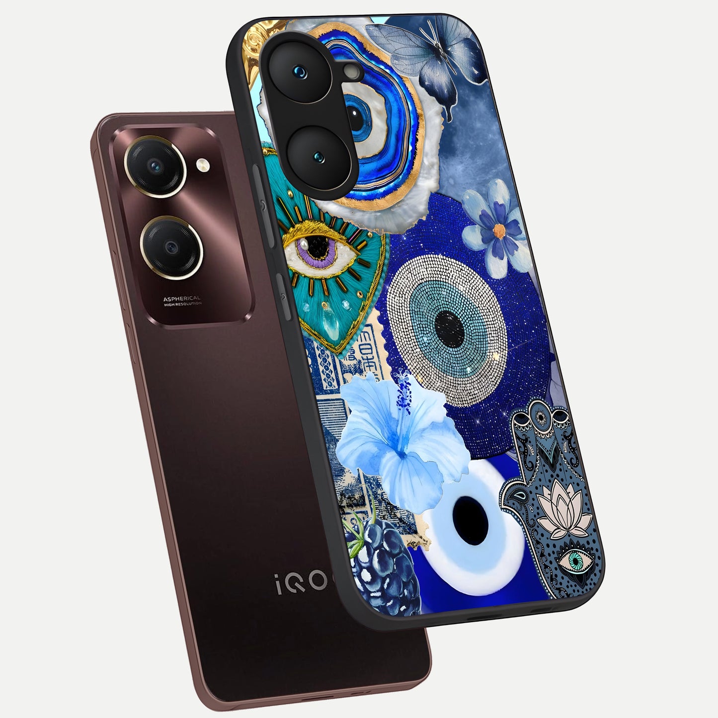  Celestial Blue Vision phone case for iQOO Z9 lite showing premium glass back cover with detailed artwork