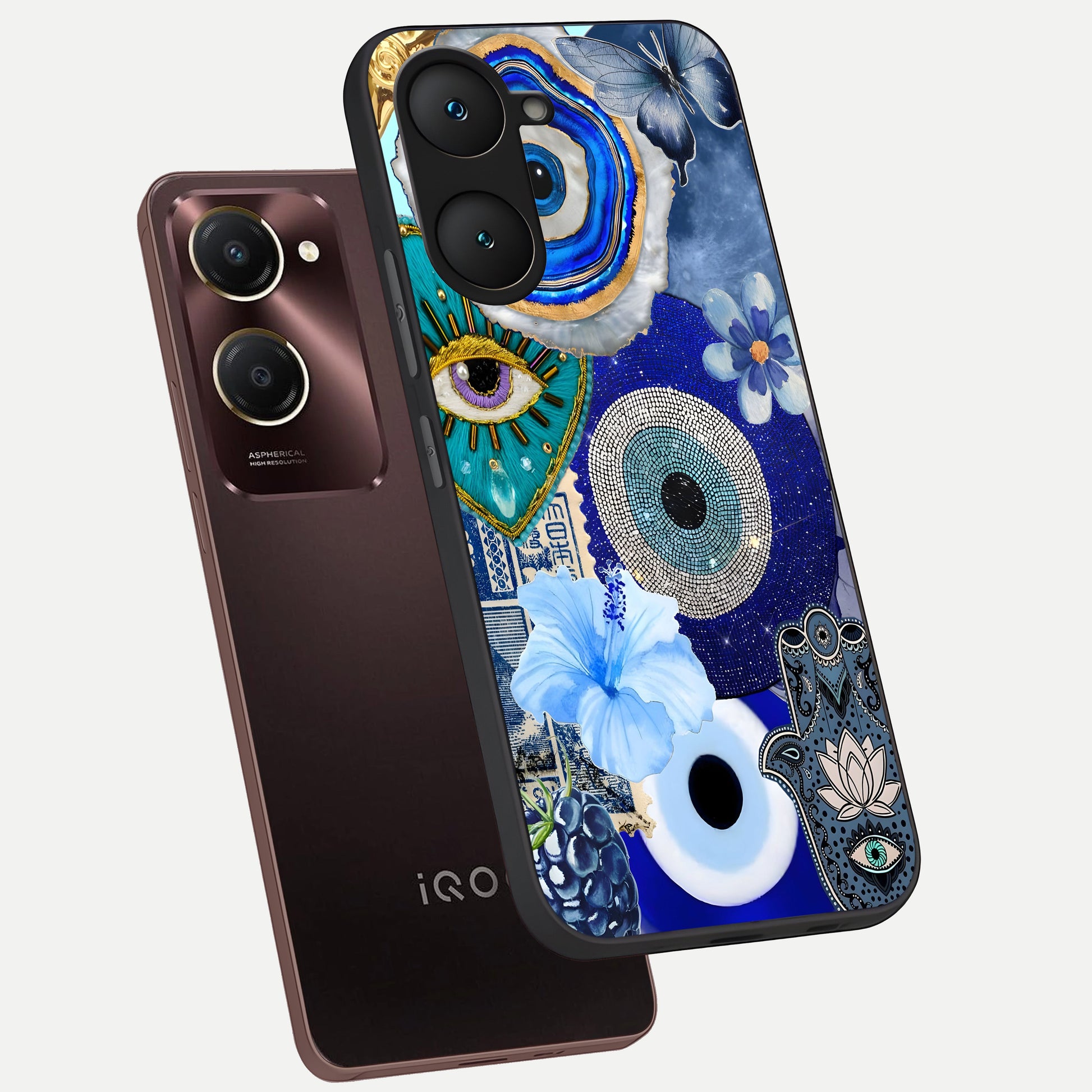  Celestial Blue Vision phone case for iQOO Z9 lite showing premium glass back cover with detailed artwork