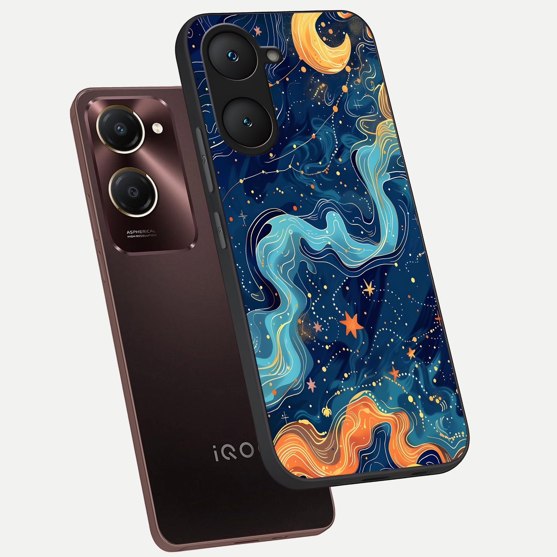  Celestial Dream Flow phone case for iQOO Z9 lite showing premium glass back cover with detailed artwork