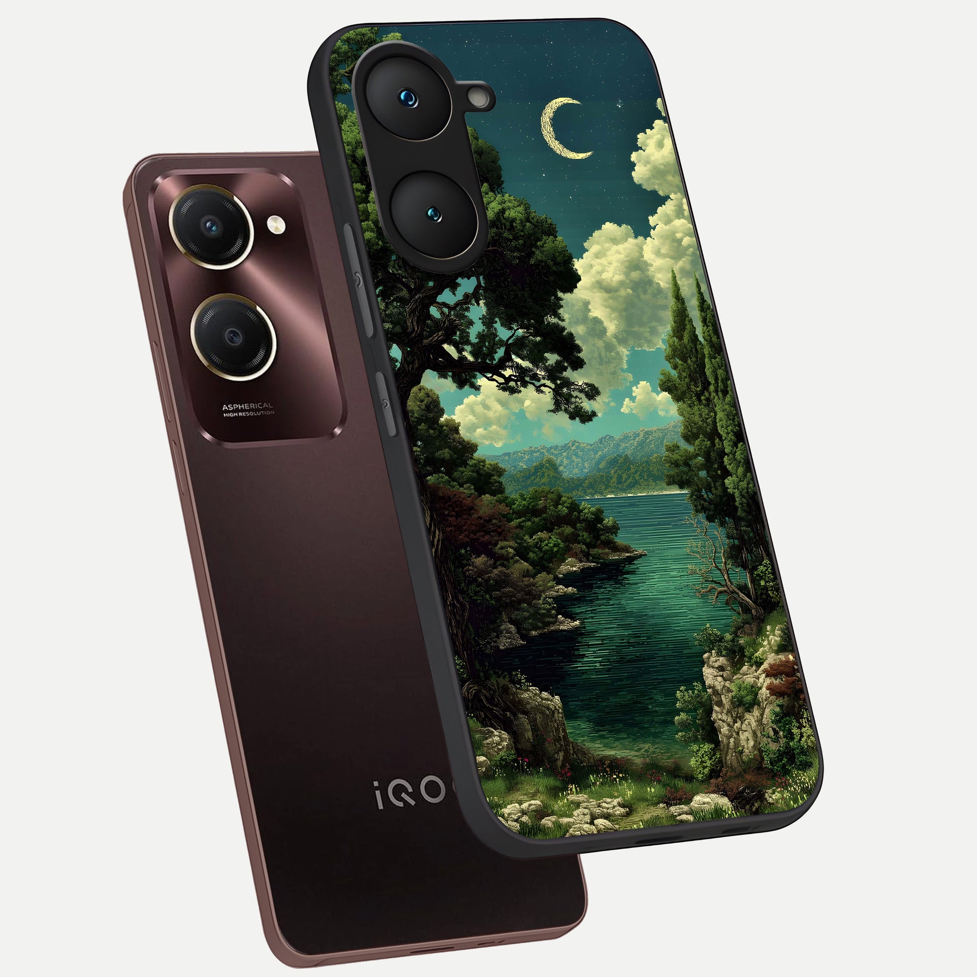  Celestial Lake Peace phone case for iQOO Z9 lite showing premium glass back cover with detailed artwork