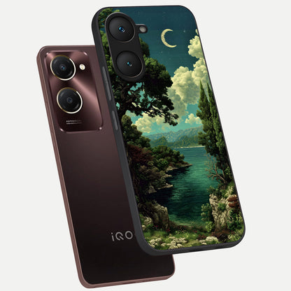 Celestial Lake Peace phone case for iQOO Z9 lite showing premium glass back cover with detailed artwork