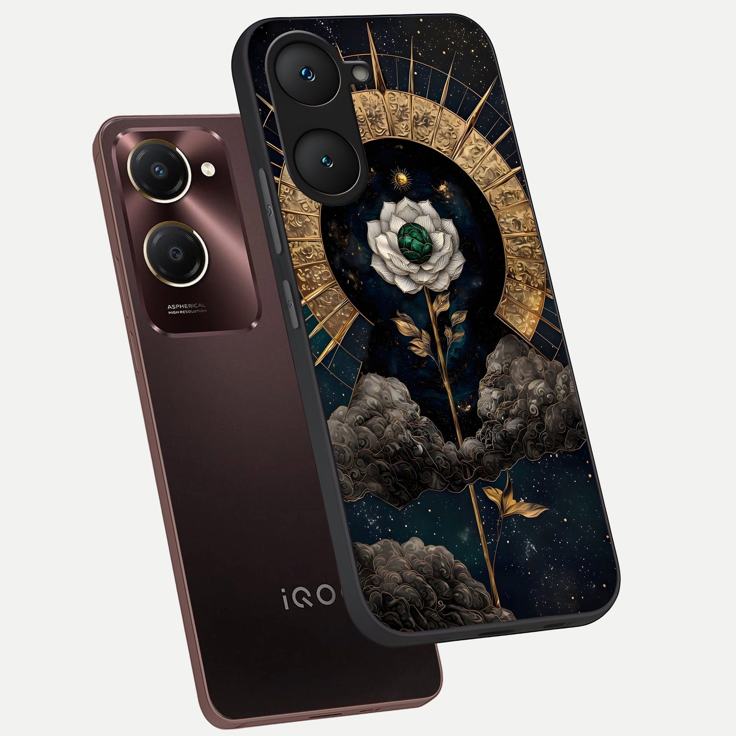 Celestial Lotus Morang phone case for iQOO Z9 lite showing premium glass back cover with detailed artwork