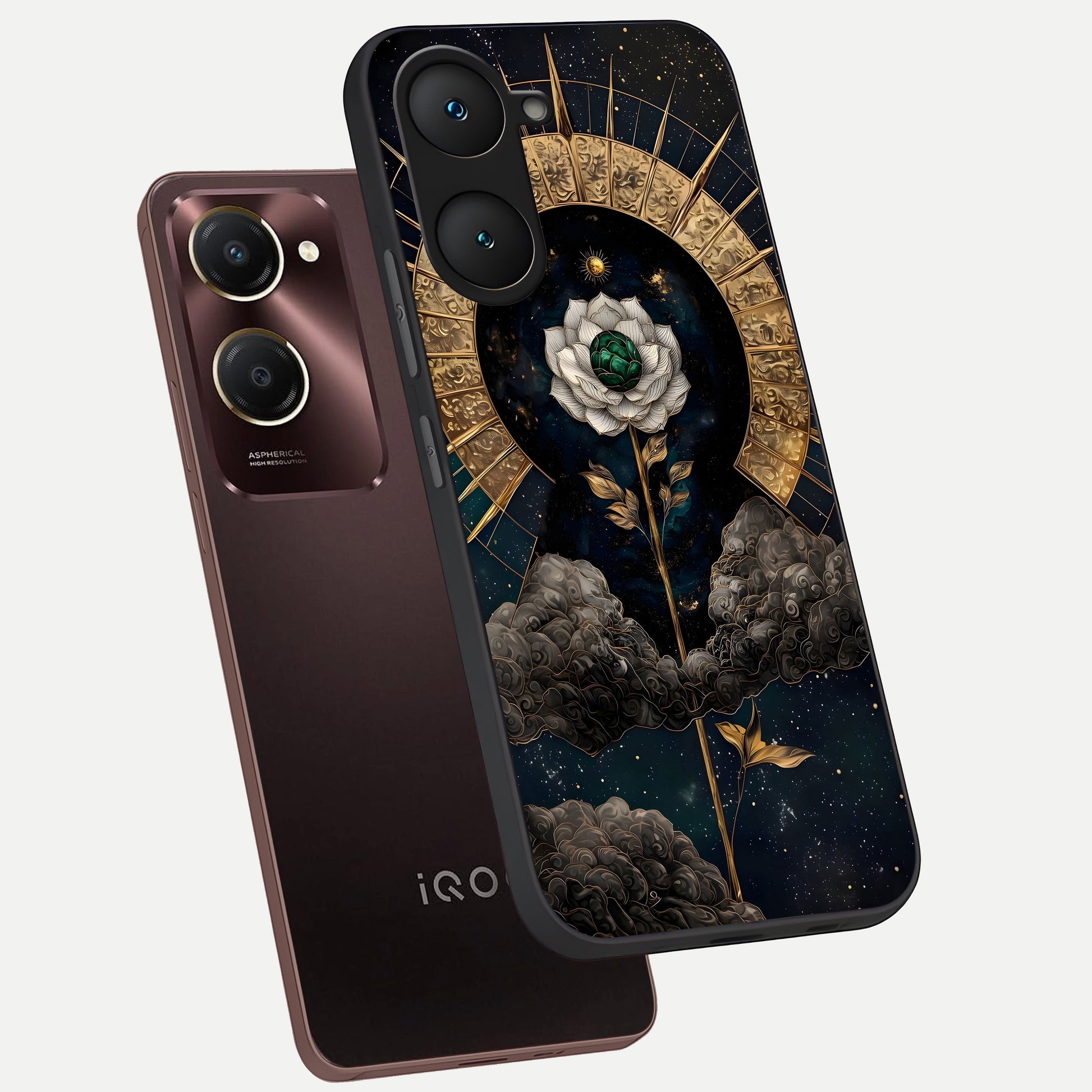  Celestial Lotus Morang phone case for iQOO Z9 lite showing premium glass back cover with detailed artwork