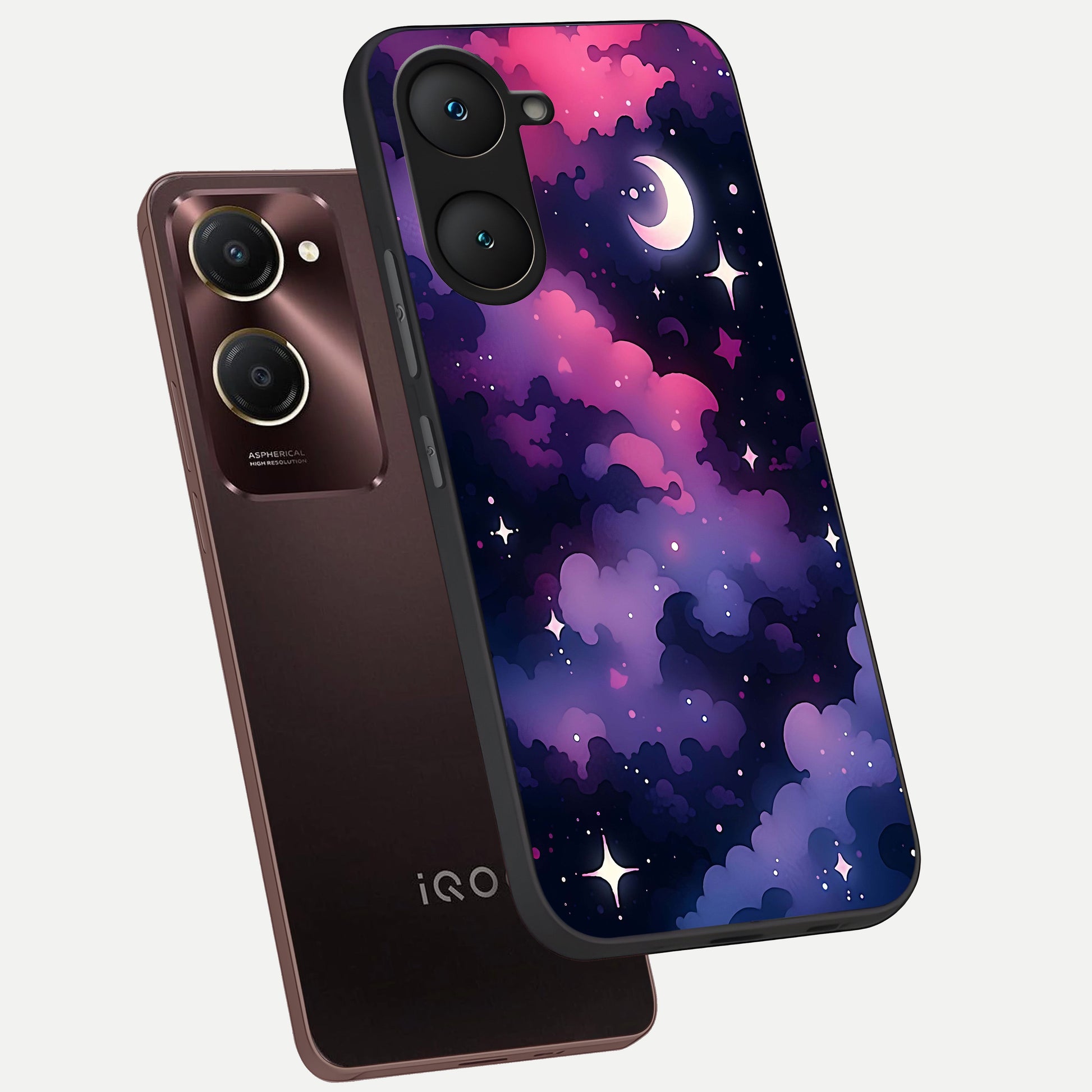  Celestial Moon Magic phone case for iQOO Z9 lite showing premium glass back cover with detailed artwork
