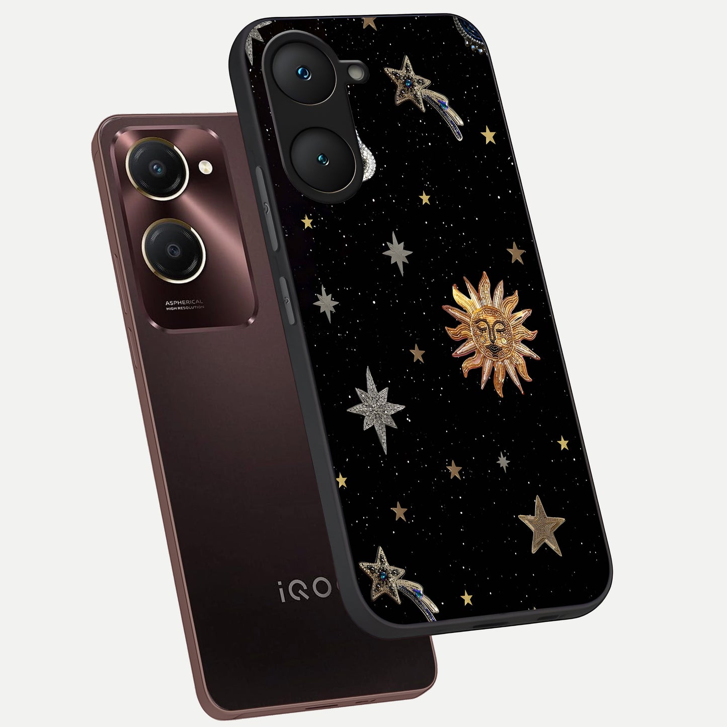  Celestial Moon With Stars phone case for iQOO Z9 lite showing premium glass back cover with detailed artwork