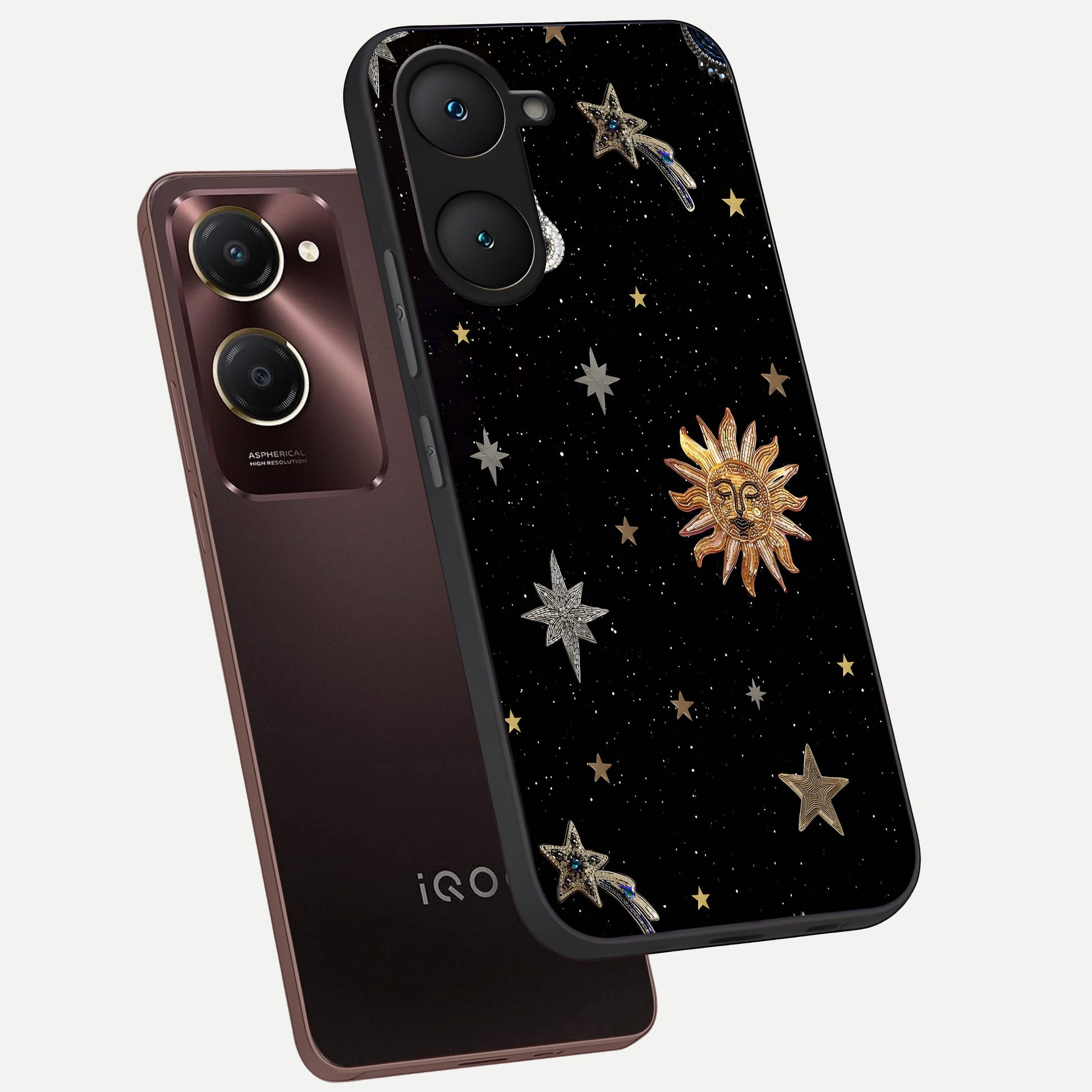  Celestial Moon With Stars phone case for iQOO Z9 lite showing premium glass back cover with detailed artwork