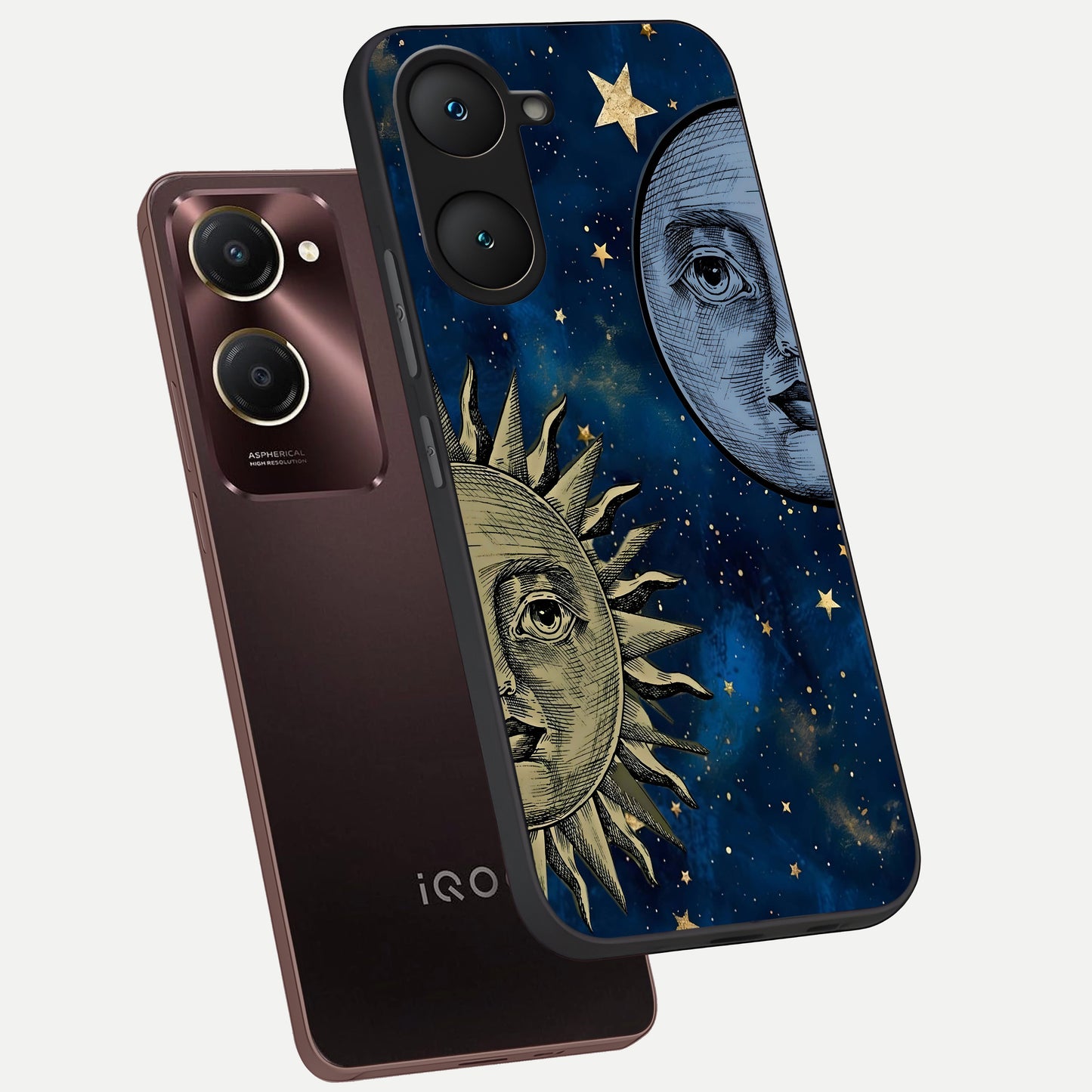  Celestial Moon With Sun phone case for iQOO Z9 lite showing premium glass back cover with detailed artwork