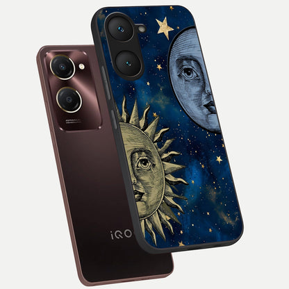  Celestial Moon With Sun phone case for iQOO Z9 lite showing premium glass back cover with detailed artwork