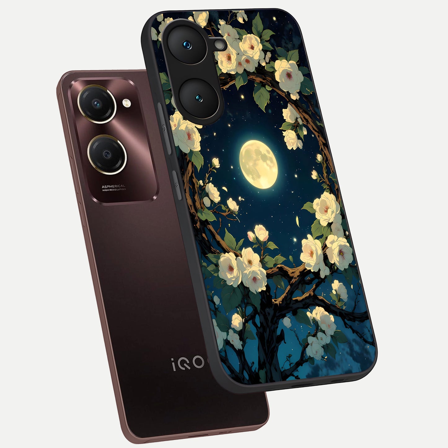  Celestial Moon And Flower phone case for iQOO Z9 lite showing premium glass back cover with detailed artwork