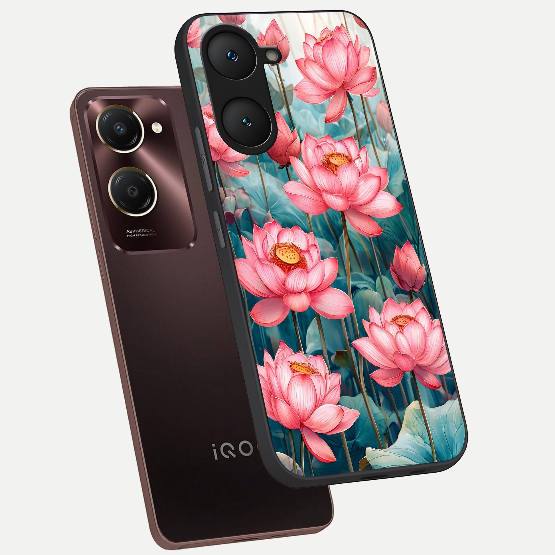  Celestial Pink Lotus phone case for iQOO Z9 lite showing premium glass back cover with detailed artwork