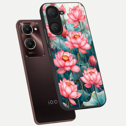  Celestial Pink Lotus phone case for iQOO Z9 lite showing premium glass back cover with detailed artwork