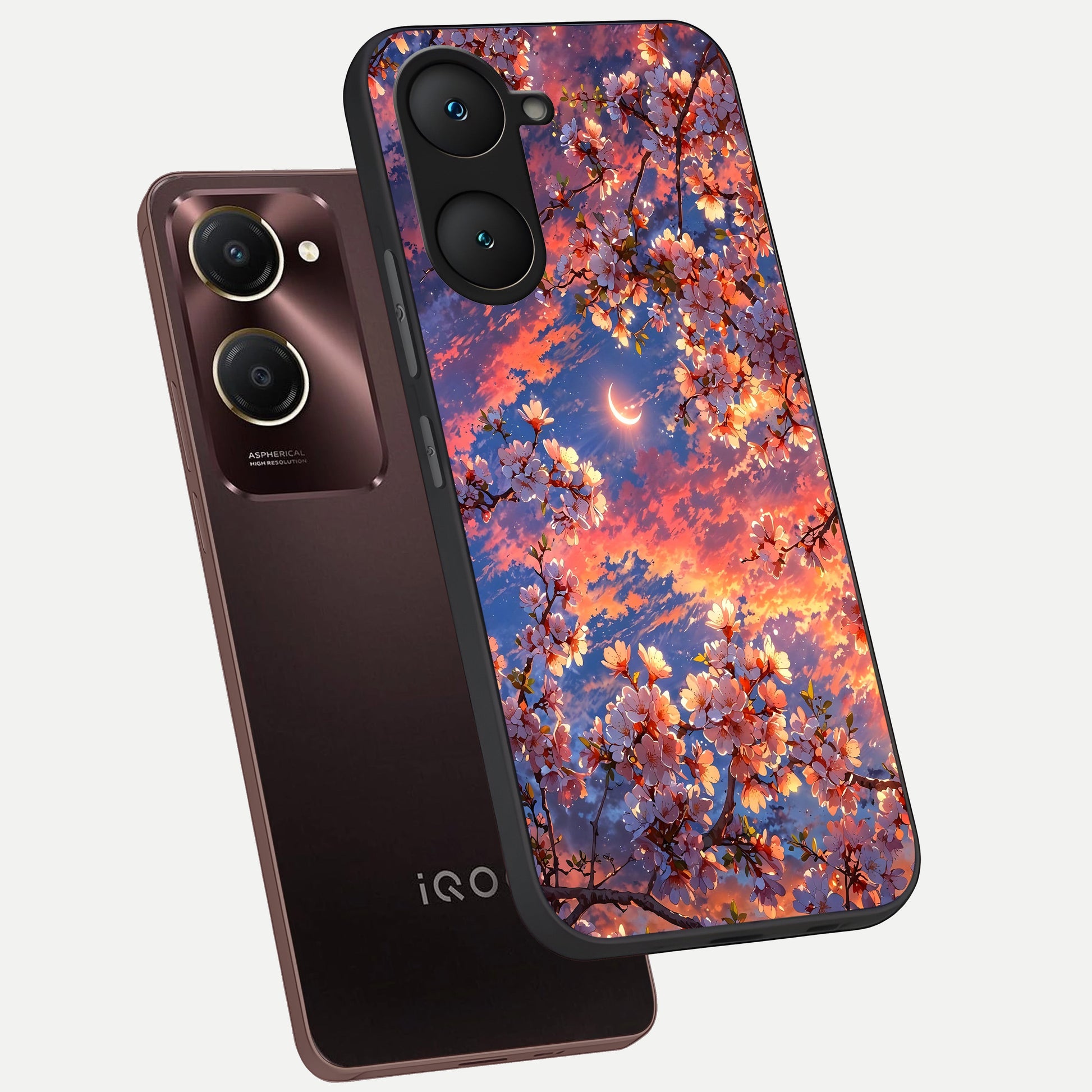  Celestial Sakura Sunset phone case for iQOO Z9 lite showing premium glass back cover with detailed artwork