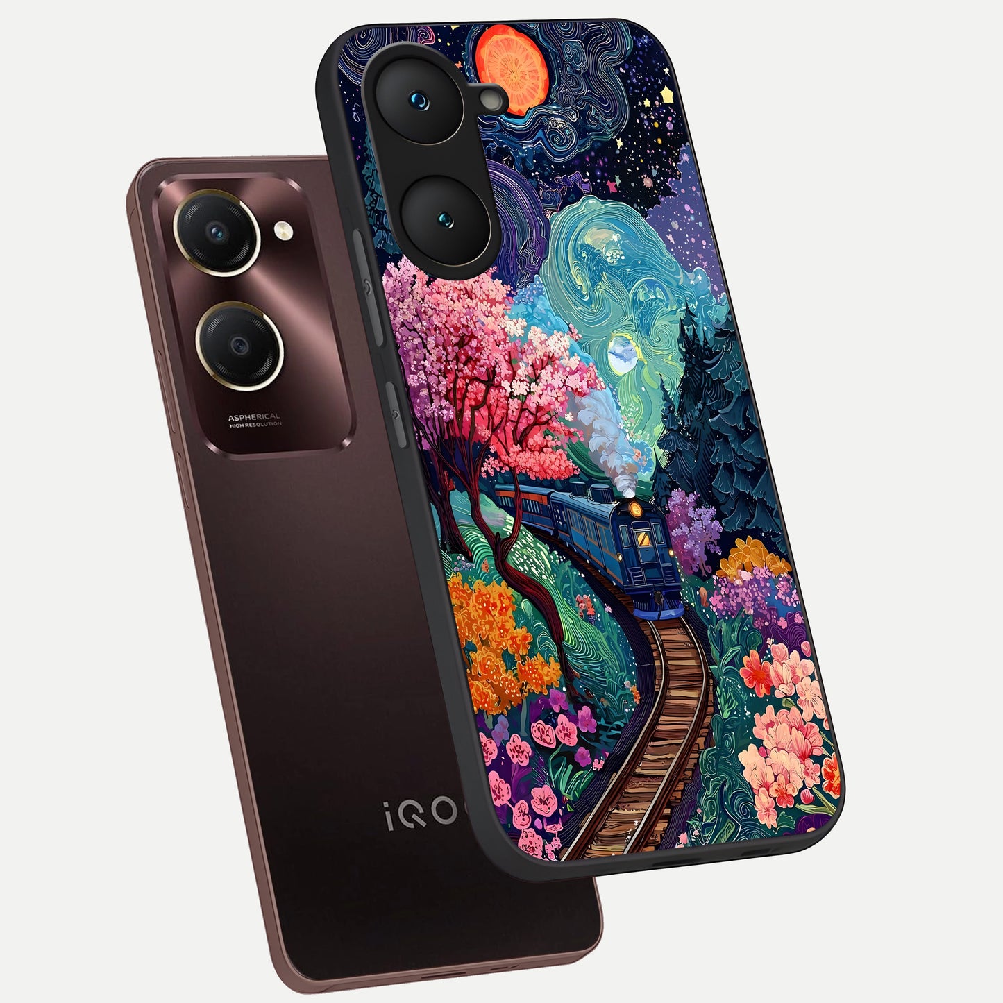  Celestial Train Journey phone case for iQOO Z9 lite showing premium glass back cover with detailed artwork