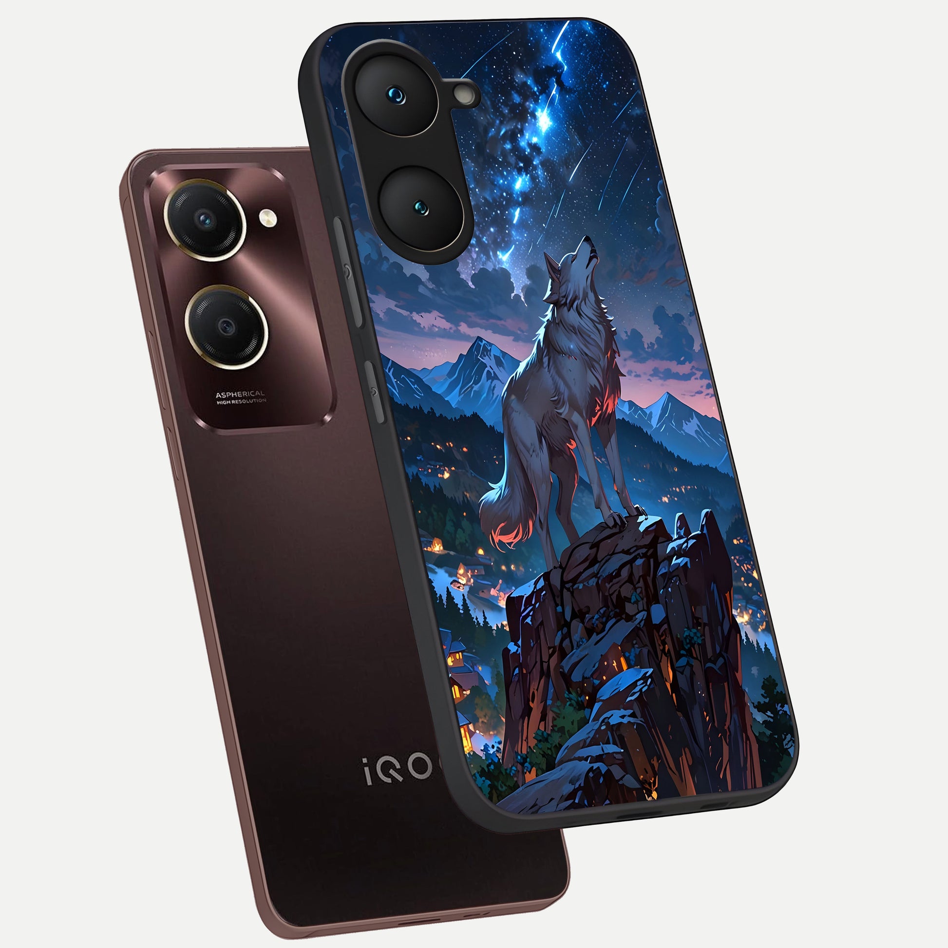  Celestial Wolf Howl phone case for iQOO Z9 lite showing premium glass back cover with detailed artwork