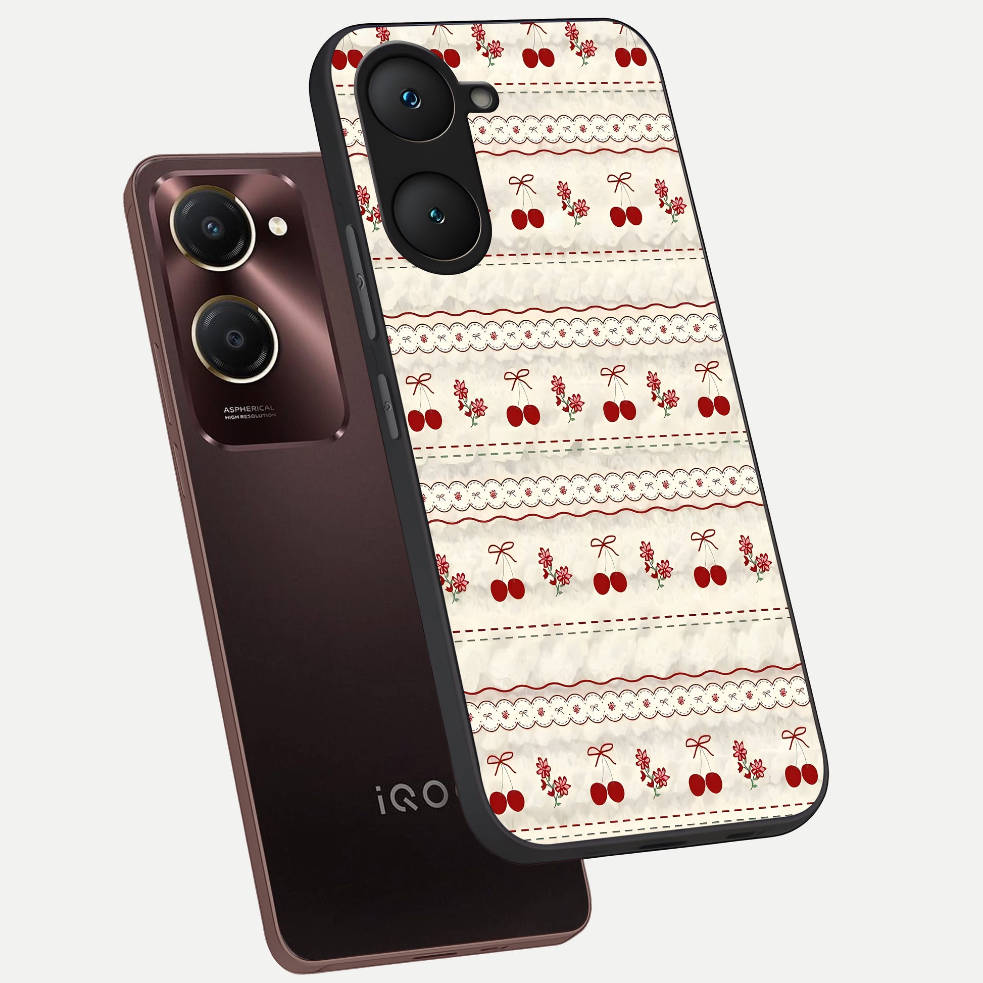  Cherry Bloom Charm phone case for iQOO Z9 lite showing premium glass back cover with detailed artwork