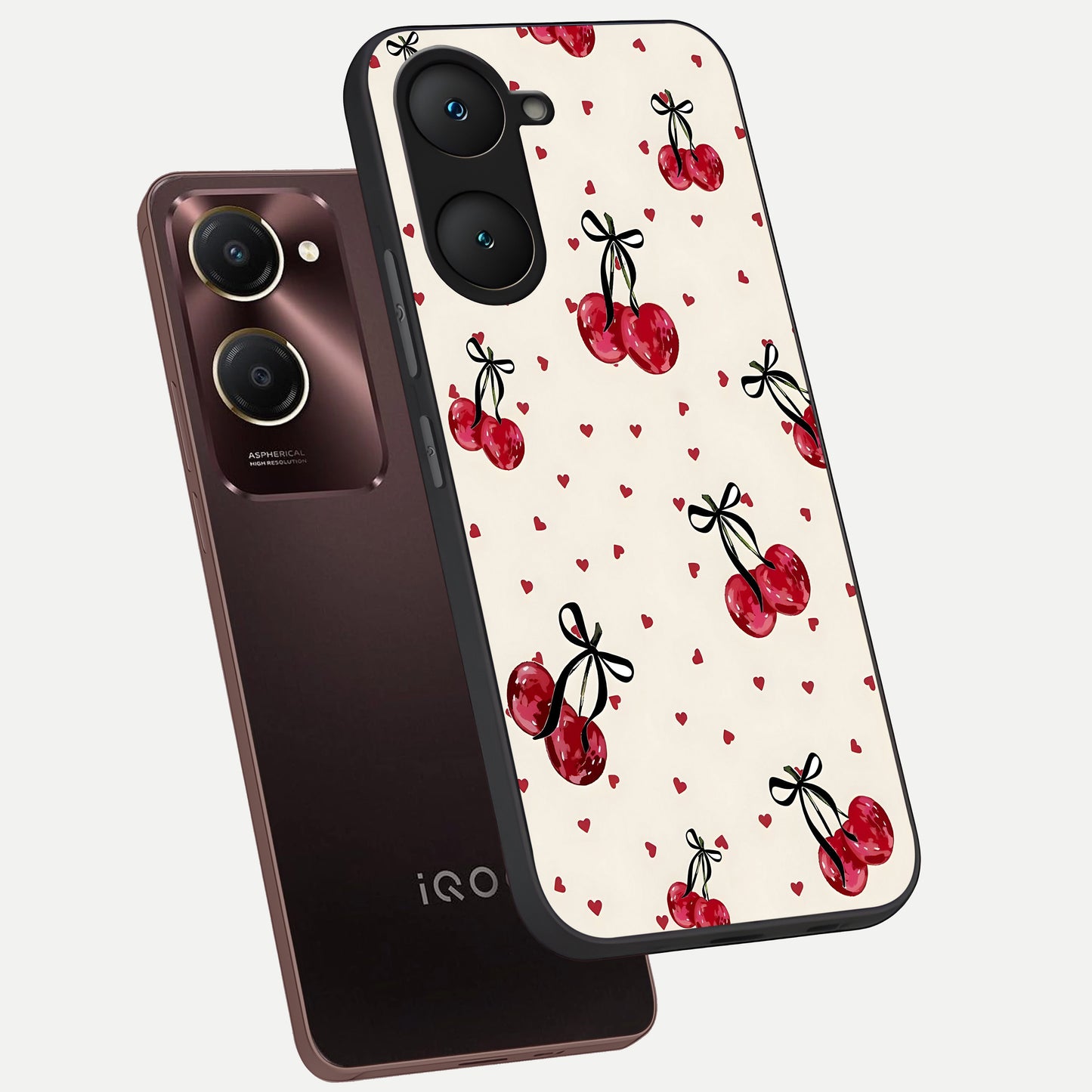  Cherry Heart Bow phone case for iQOO Z9 lite showing premium glass back cover with detailed artwork
