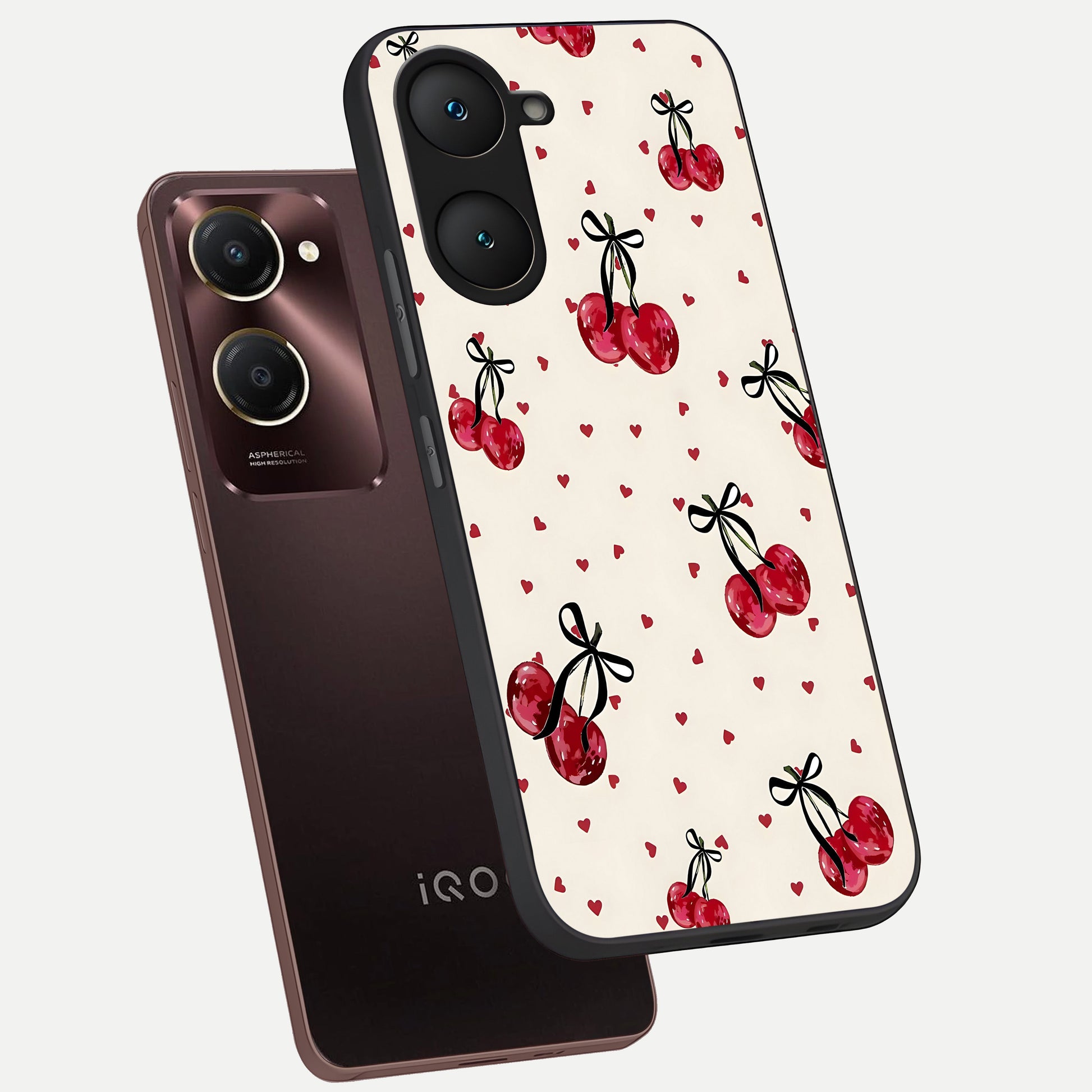  Cherry Heart Bow phone case for iQOO Z9 lite showing premium glass back cover with detailed artwork