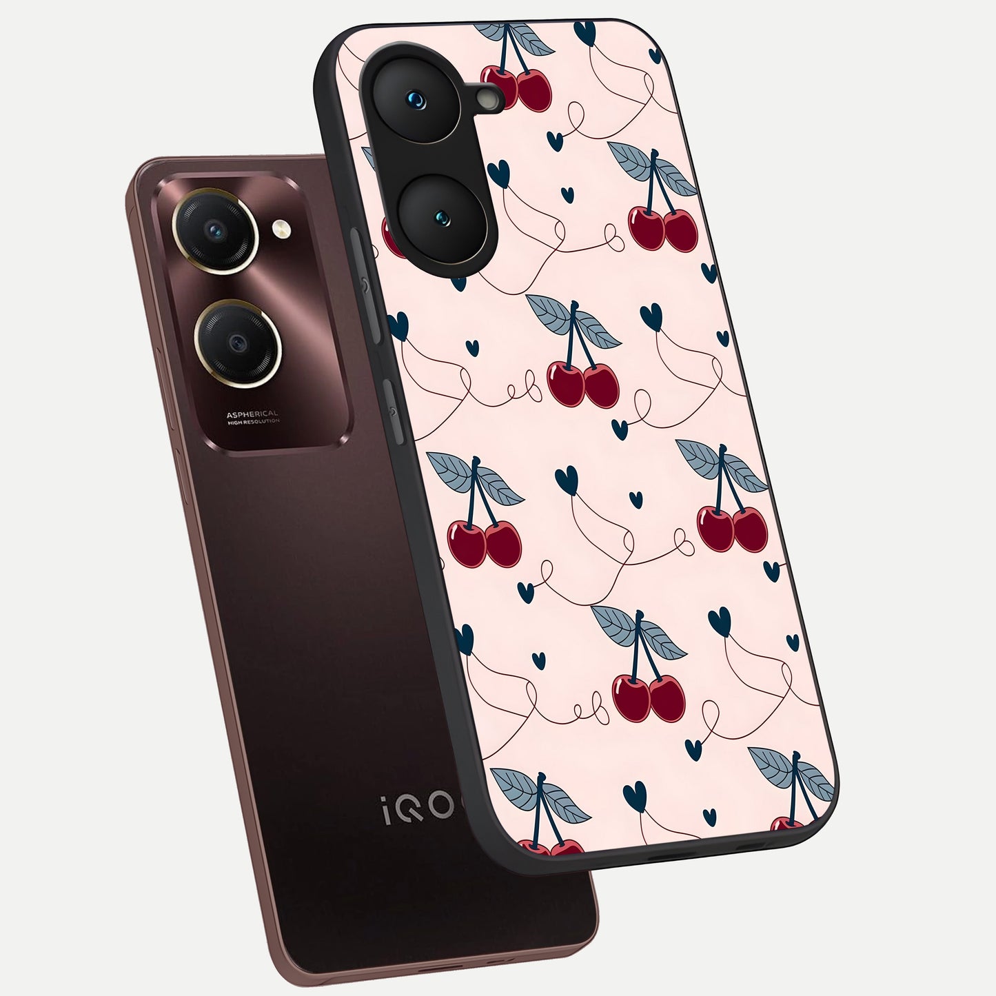  Cherry Heart Line phone case for iQOO Z9 lite showing premium glass back cover with detailed artwork
