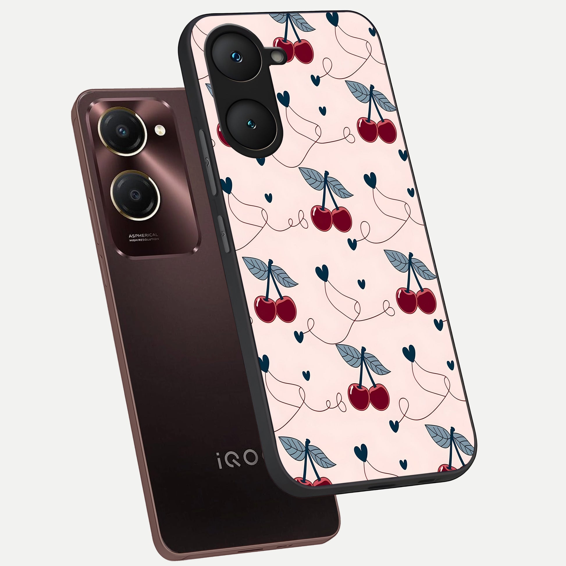  Cherry Heart Line phone case for iQOO Z9 lite showing premium glass back cover with detailed artwork