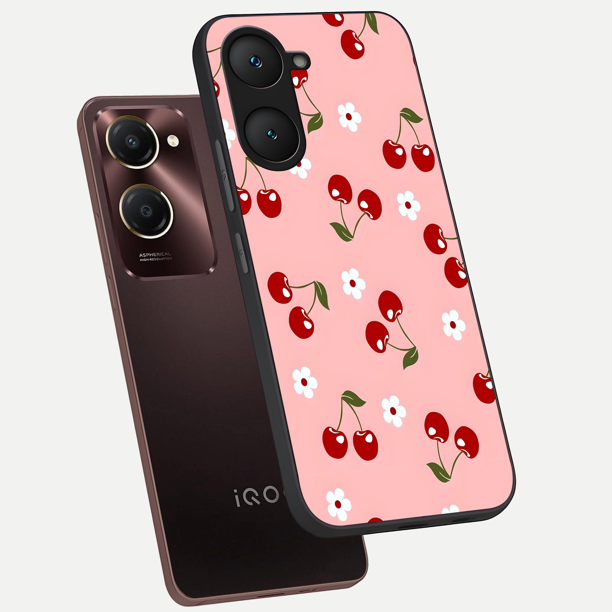  Cherry Love Mood phone case for iQOO Z9 lite showing premium glass back cover with detailed artwork