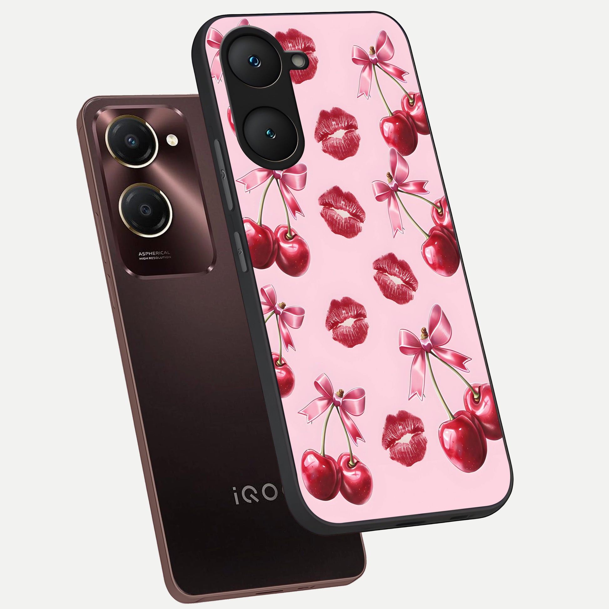  Cherry With Lips phone case for iQOO Z9 lite showing premium glass back cover with detailed artwork
