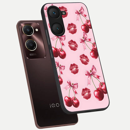  Cherry With Lips phone case for iQOO Z9 lite showing premium glass back cover with detailed artwork