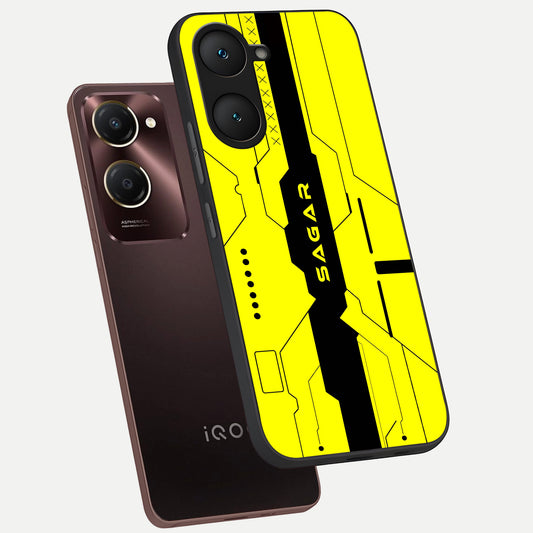  Circuit CYBERPUNK Custom Name phone case for iQOO Z9 lite showing premium glass back cover with detailed artwork