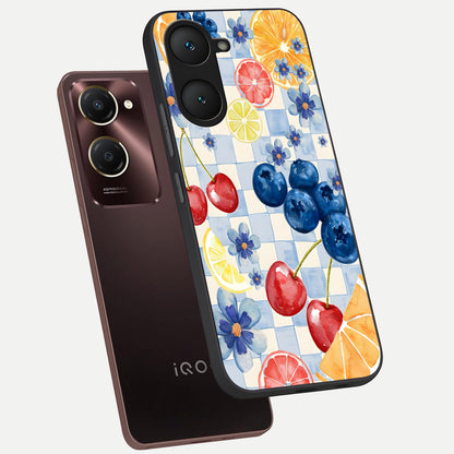  Citrus Bloom Joy phone case for iQOO Z9 lite showing premium glass back cover with detailed artwork