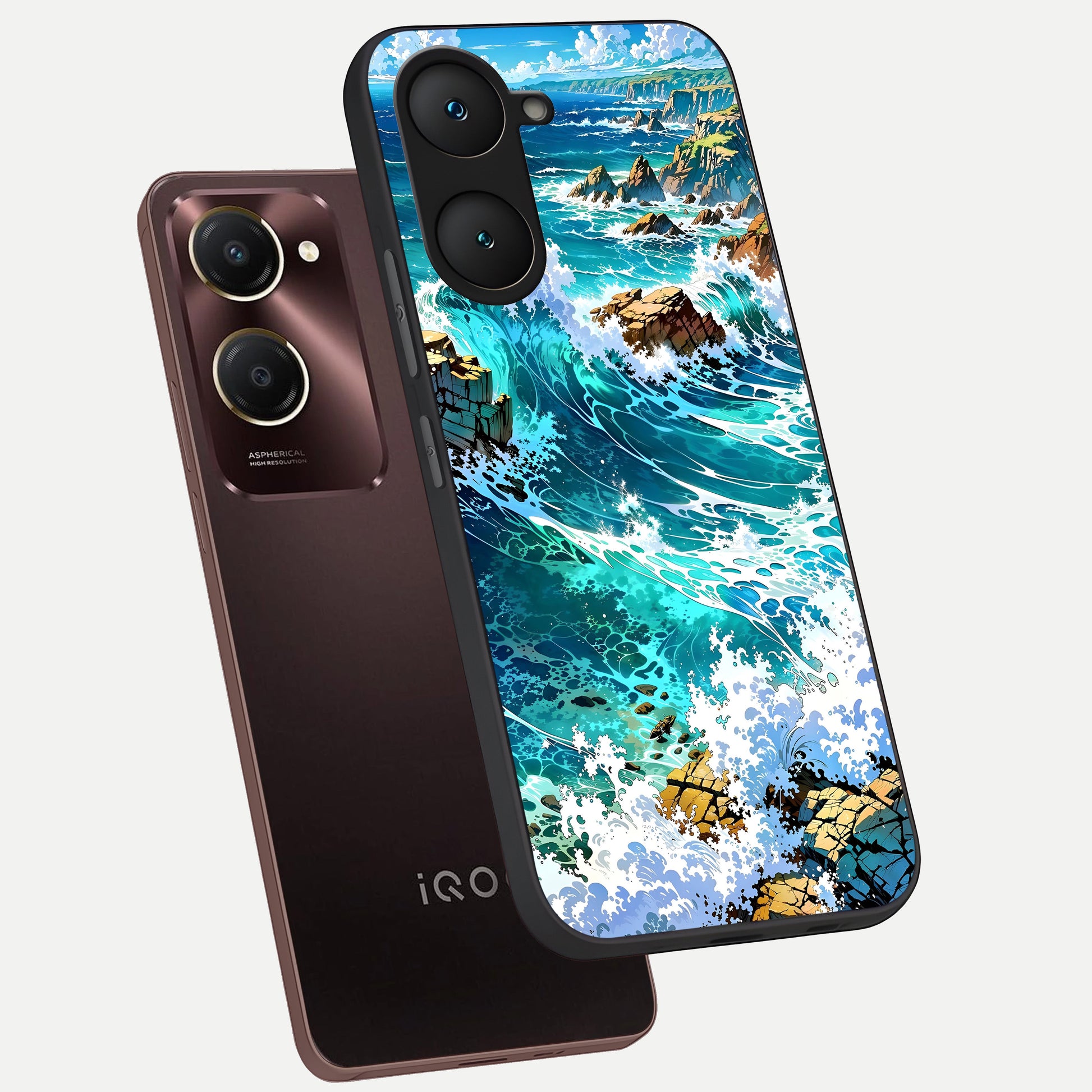  Coastal Blue Waves phone case for iQOO Z9 lite showing premium glass back cover with detailed artwork