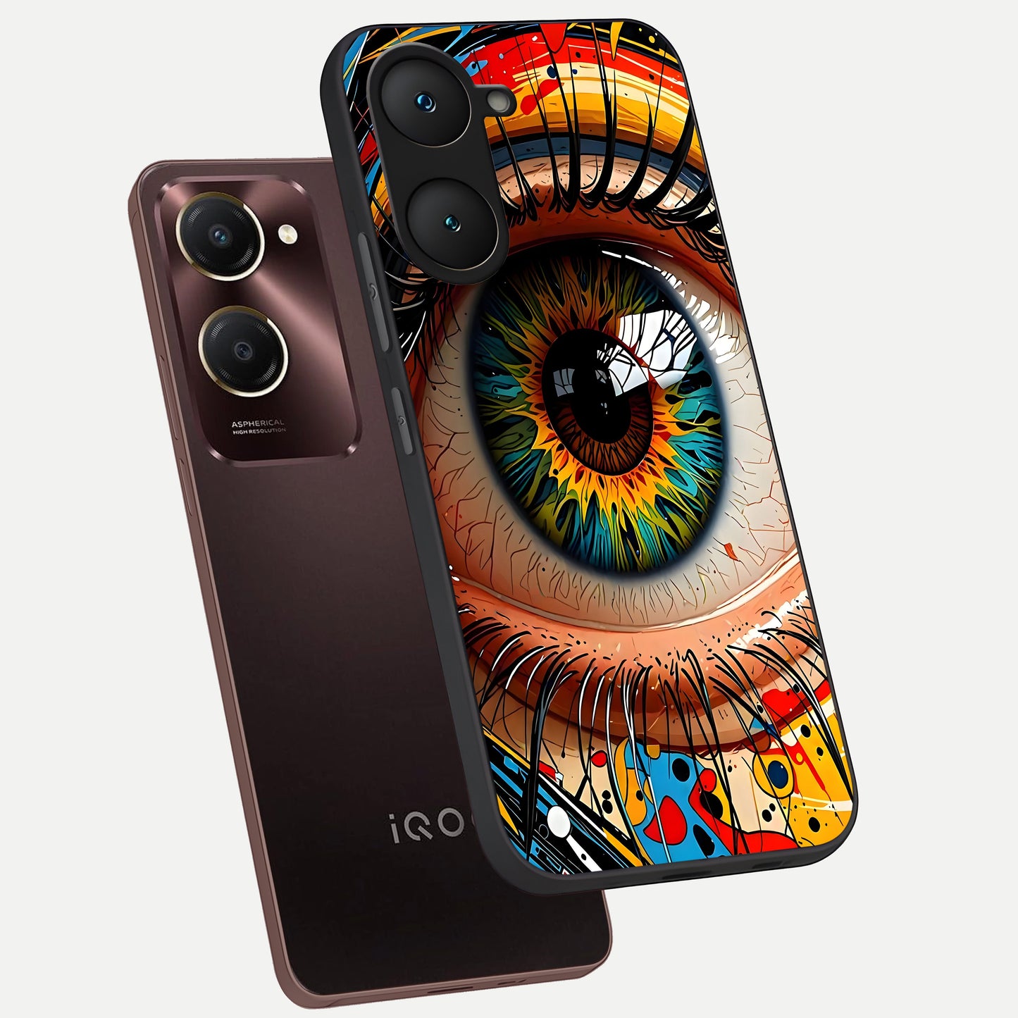  Colorful Eye phone case for iQOO Z9 lite showing premium glass back cover with detailed artwork