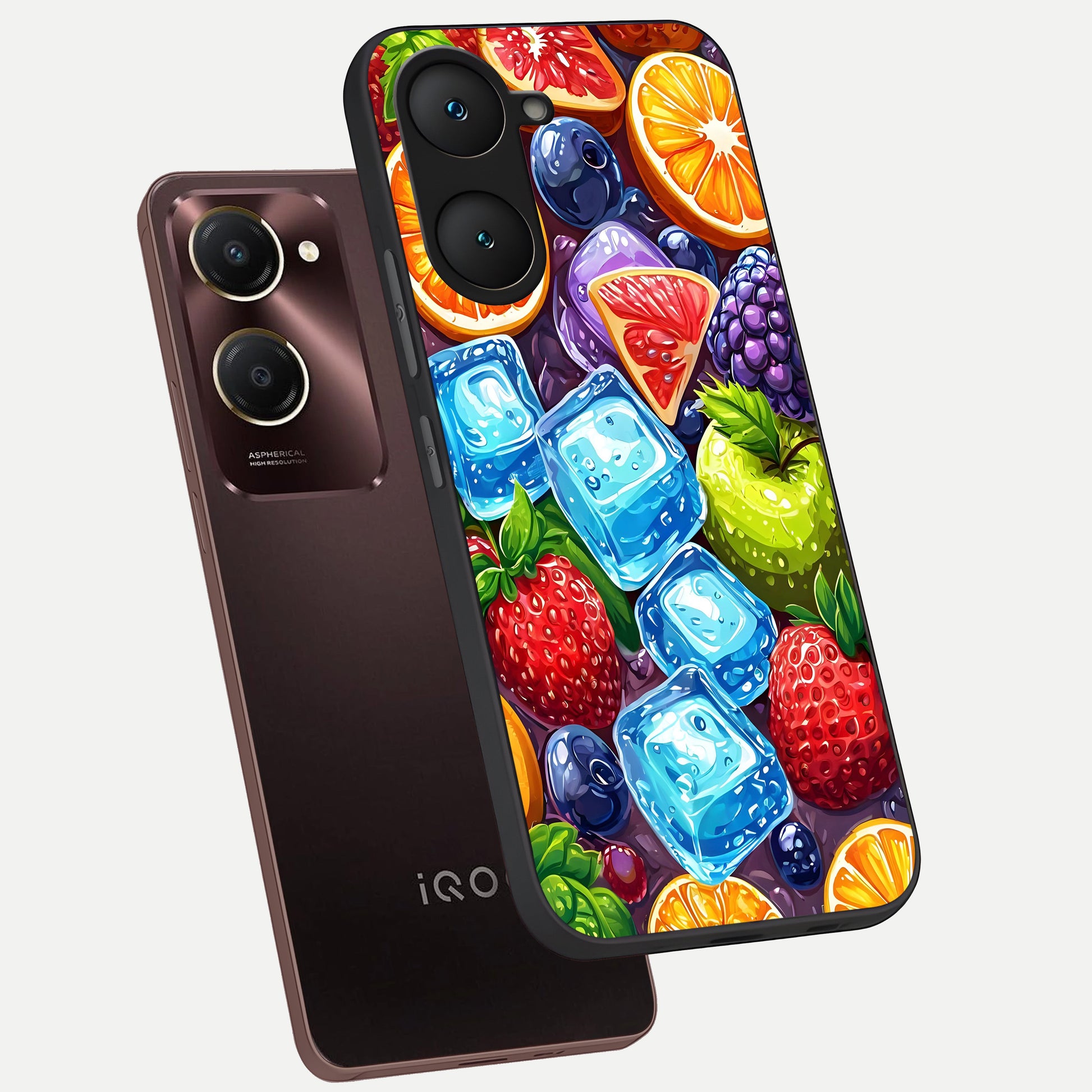  Colorful Fruits with Ice phone case for iQOO Z9 lite showing premium glass back cover with detailed artwork