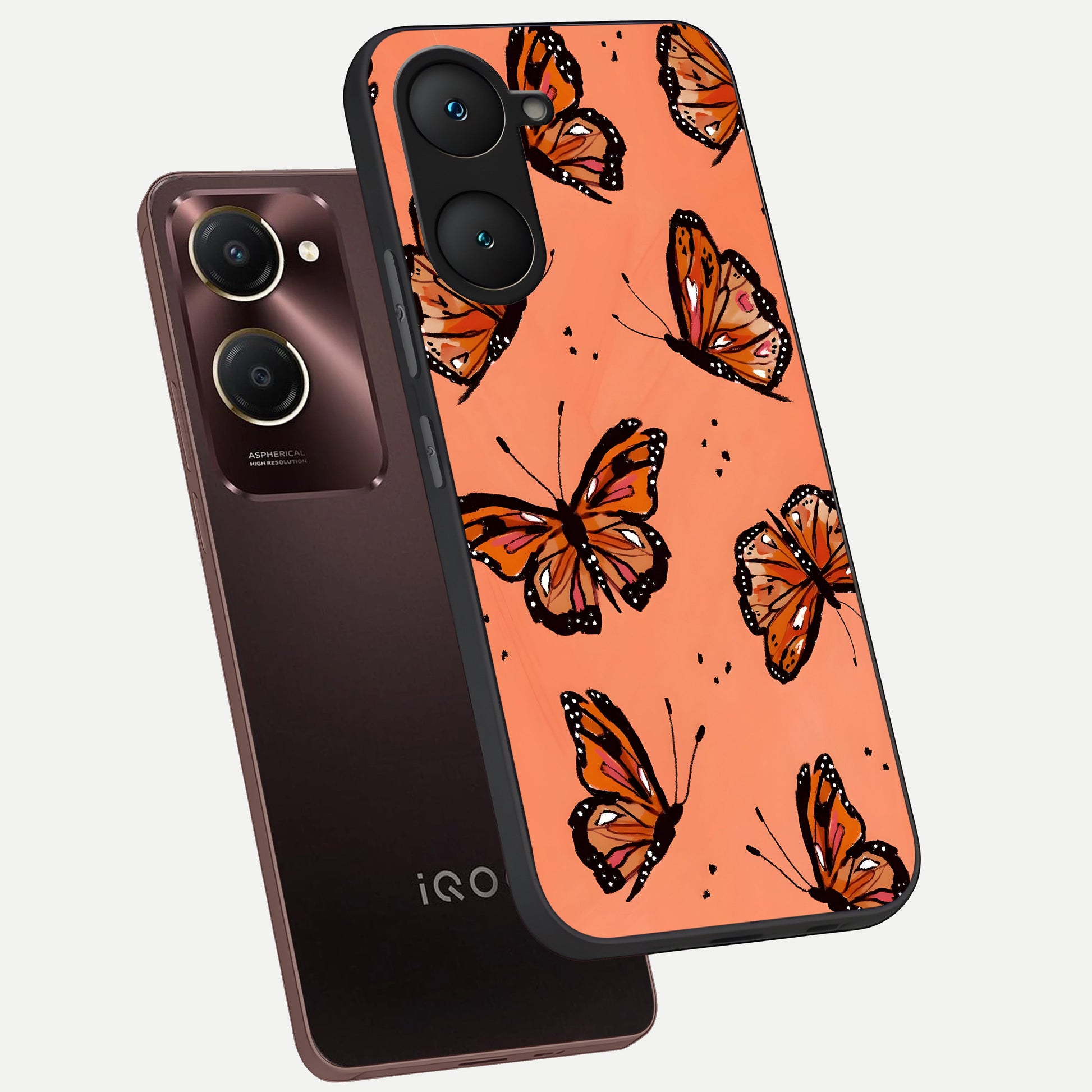  Coral Wing Butterfly phone case for iQOO Z9 lite showing premium glass back cover with detailed artwork