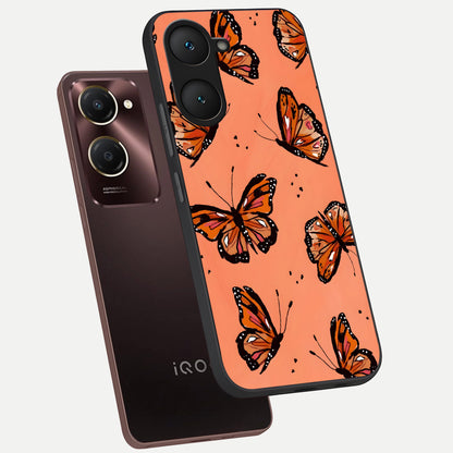  Coral Wing Butterfly phone case for iQOO Z9 lite showing premium glass back cover with detailed artwork