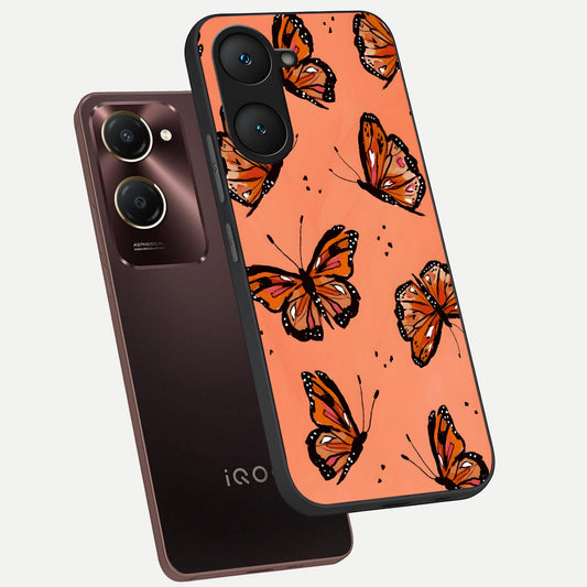  Coral Wing Butterfly phone case for iQOO Z9 lite showing premium glass back cover with detailed artwork