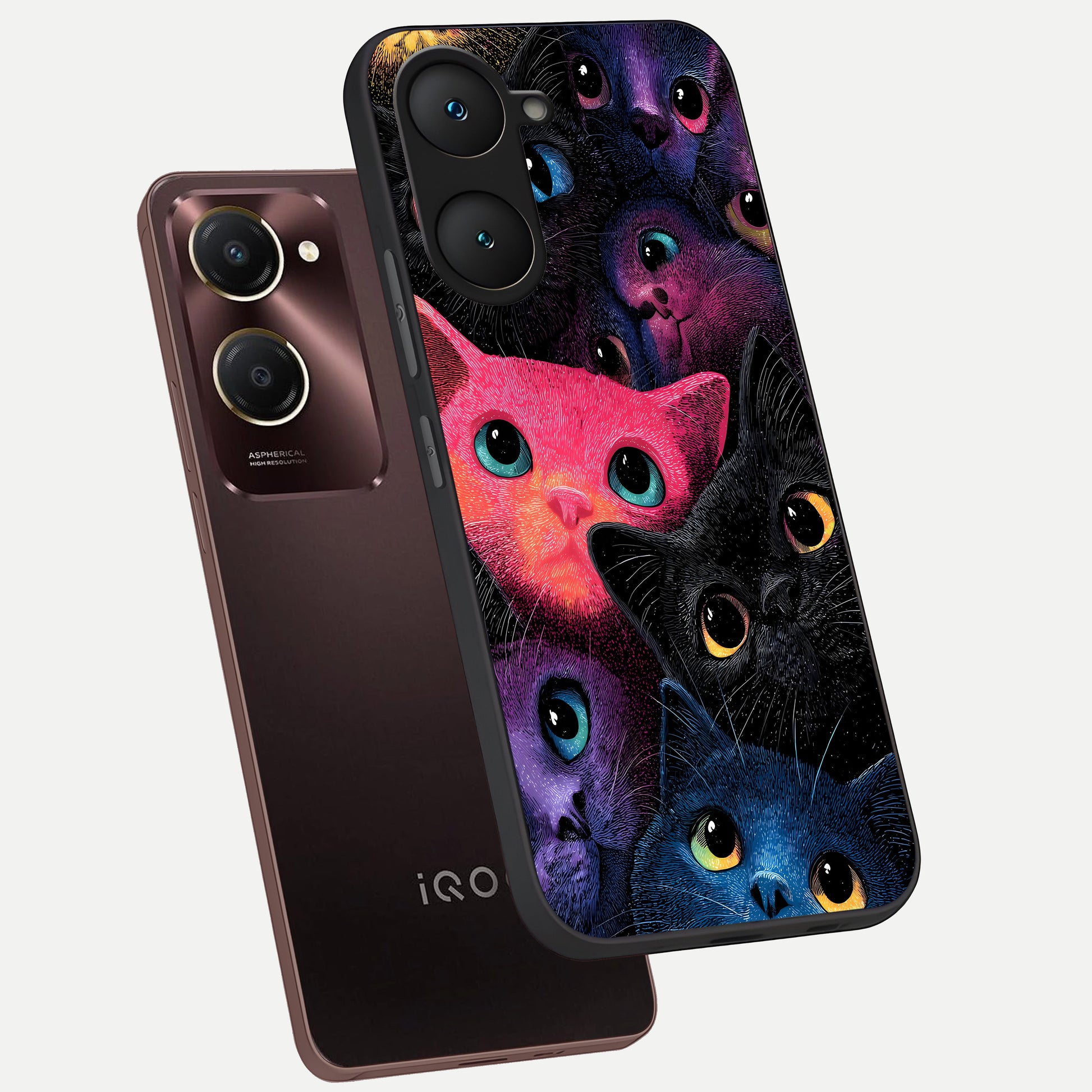  Cosmic Cats Dreams phone case for iQOO Z9 lite showing premium glass back cover with detailed artwork