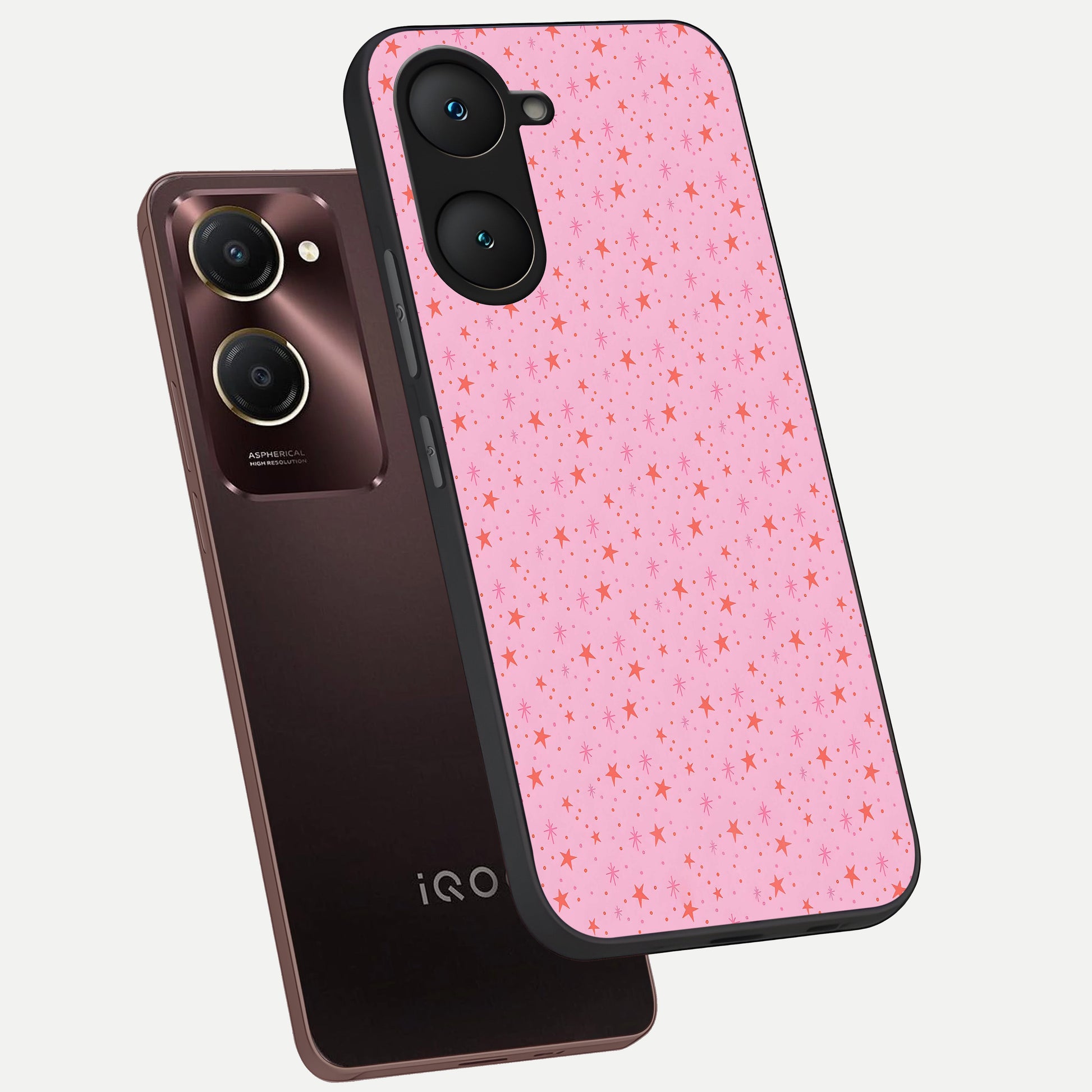  Cosmic Pink Sparkle phone case for iQOO Z9 lite showing premium glass back cover with detailed artwork