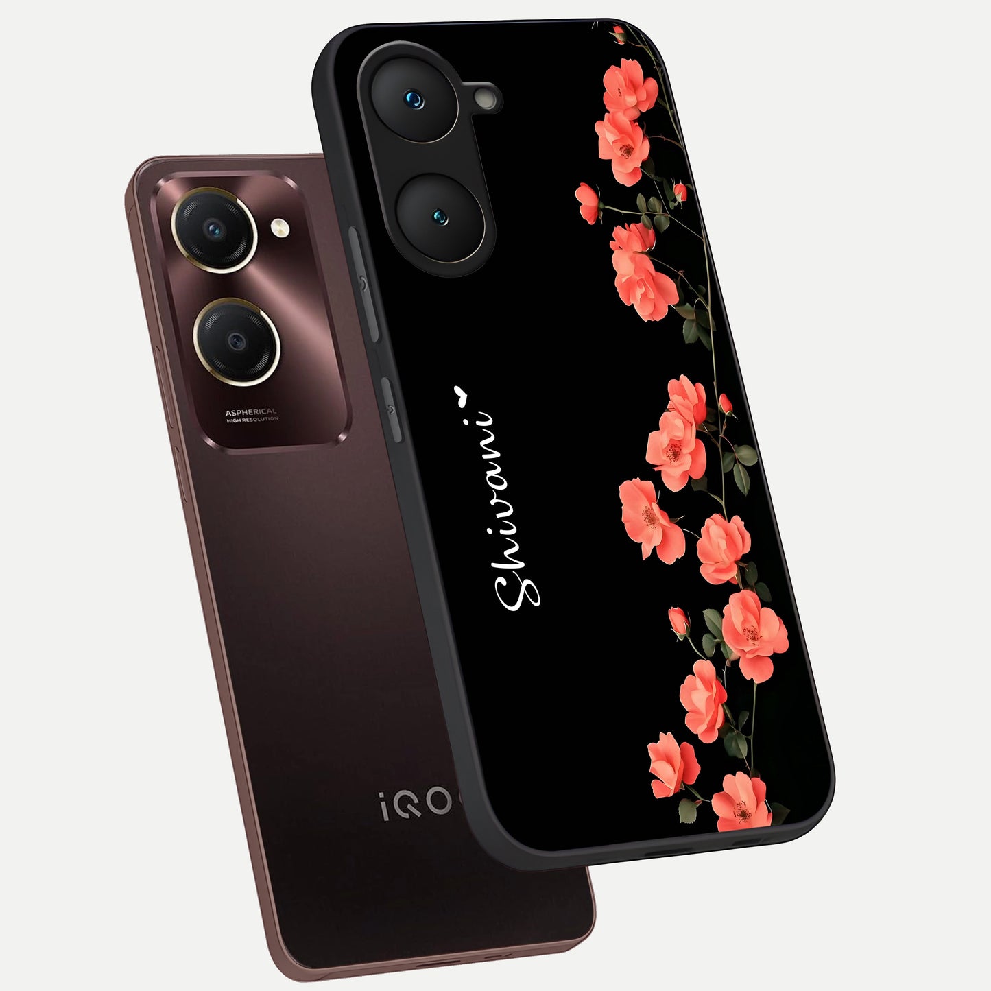  Crimson Bloom Grace Custom Name phone case for iQOO Z9 lite showing premium glass back cover with detailed artwork