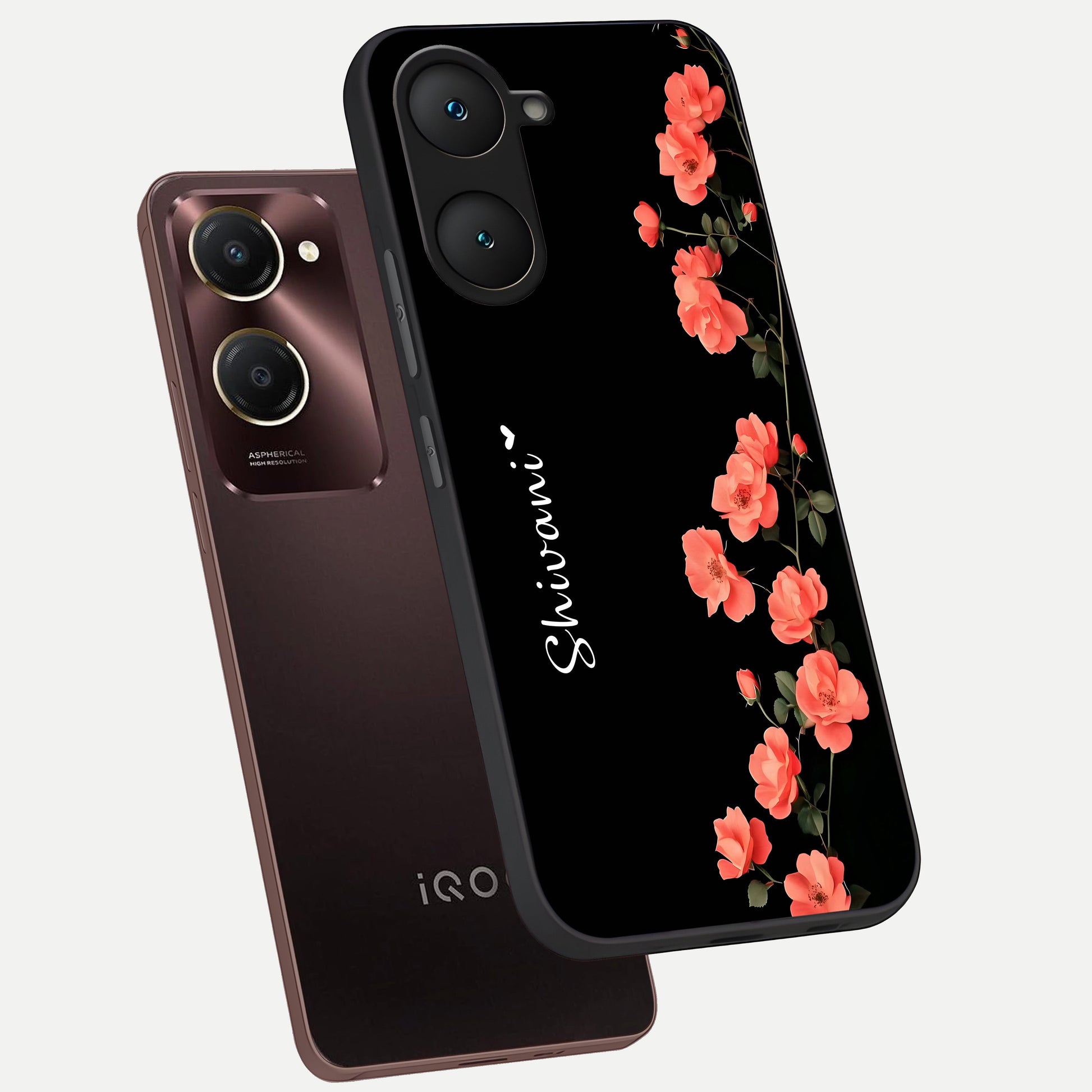  Crimson Bloom Grace Custom Name phone case for iQOO Z9 lite showing premium glass back cover with detailed artwork