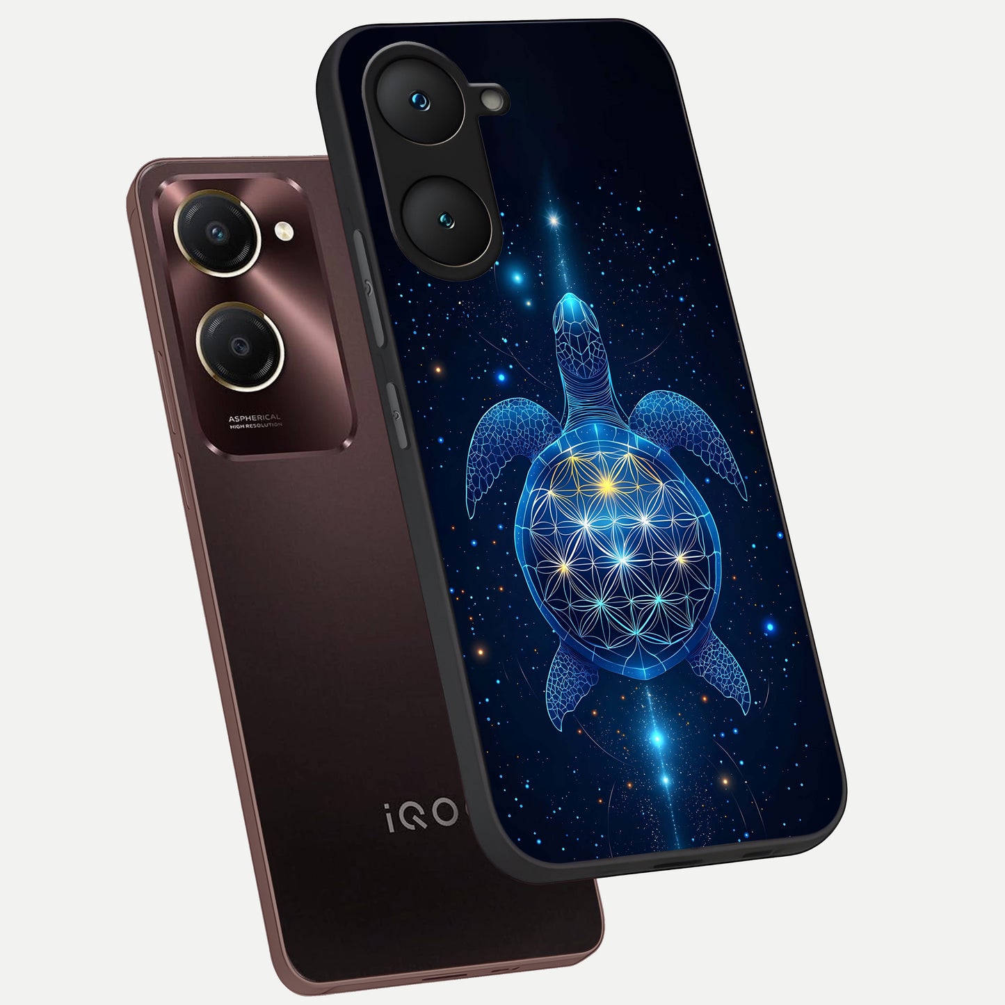  Crimson Blue Turtle phone case for iQOO Z9 lite showing premium glass back cover with detailed artwork