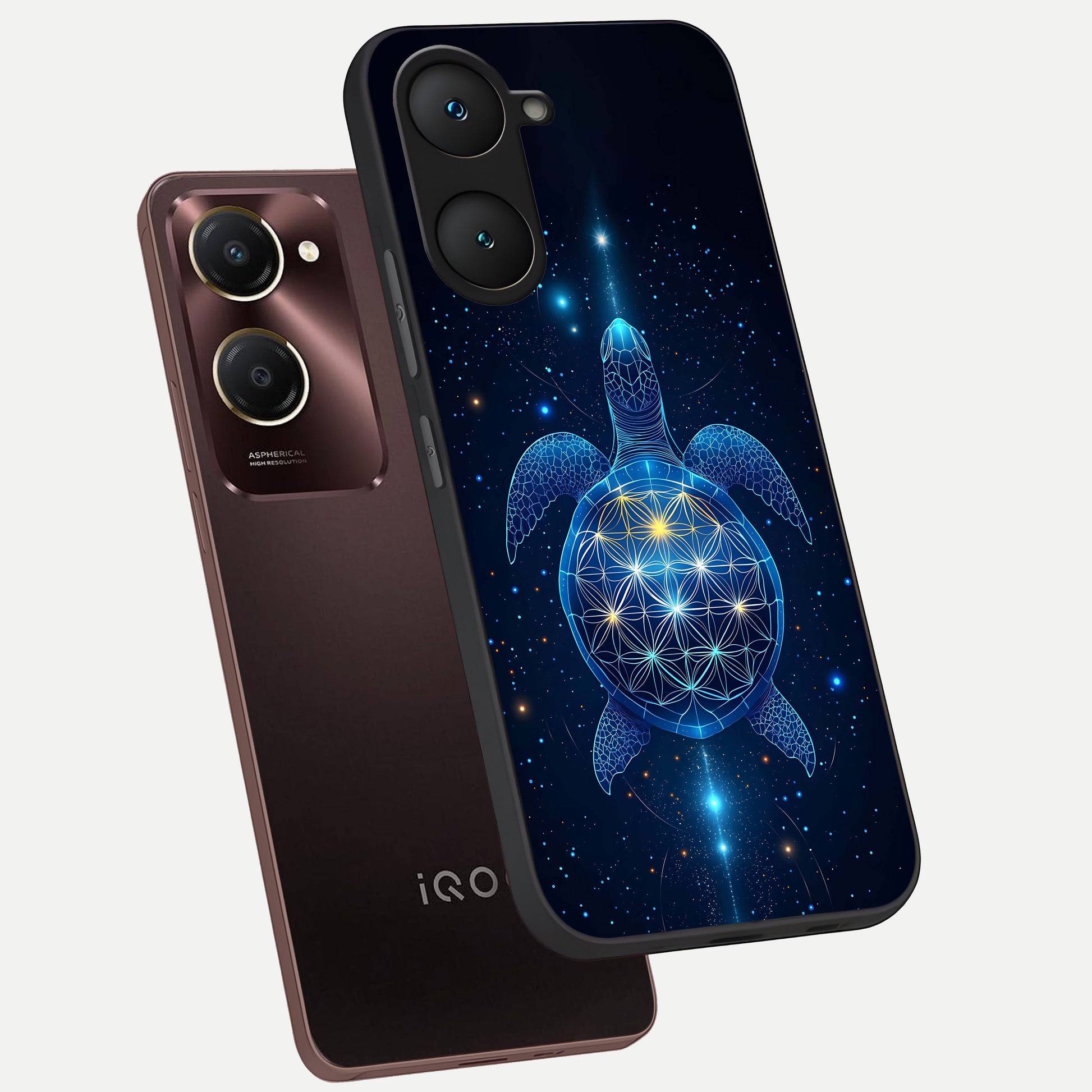  Crimson Blue Turtle phone case for iQOO Z9 lite showing premium glass back cover with detailed artwork