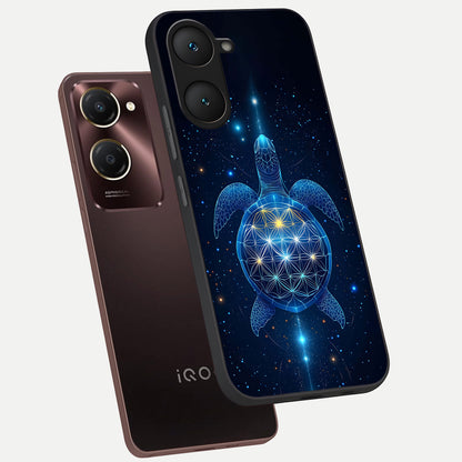  Crimson Blue Turtle phone case for iQOO Z9 lite showing premium glass back cover with detailed artwork