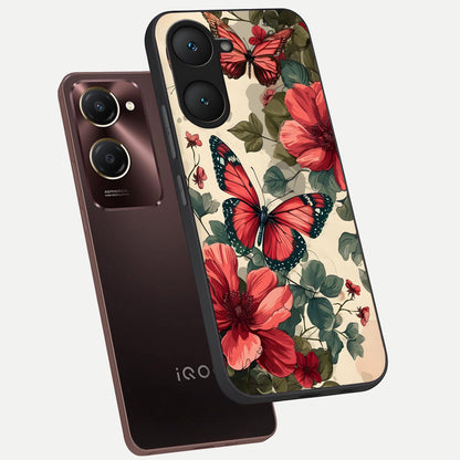  Crimson Butterfly Garden phone case for iQOO Z9 lite showing premium glass back cover with detailed artwork